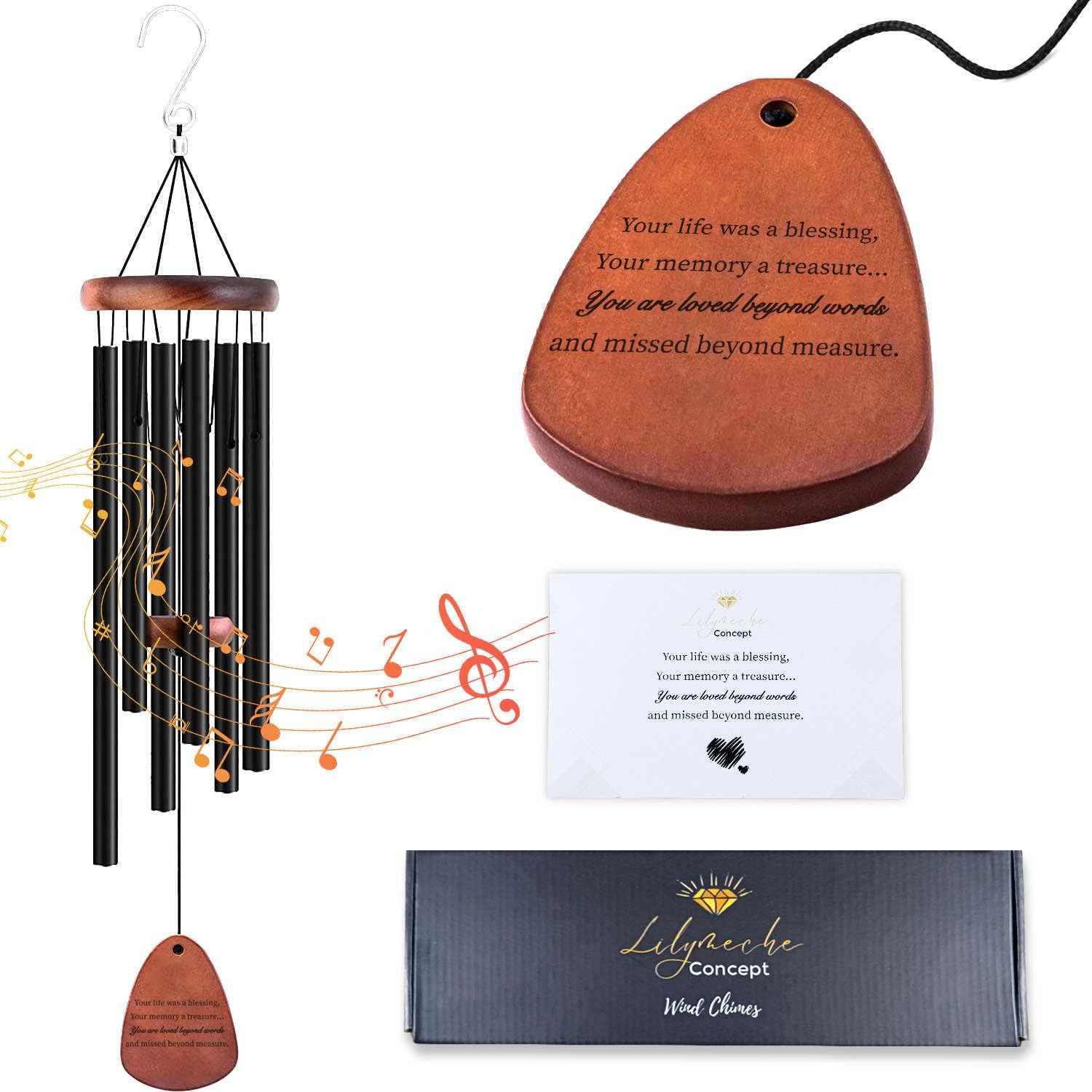 Memorial Wind Chimes, Black 28", Unique Sympathy Gift, Memorial Gifts for Loss of Mother/Father. Bereavement Condolence Remembrance Funeral Gifts in Memory of Loved Ones.