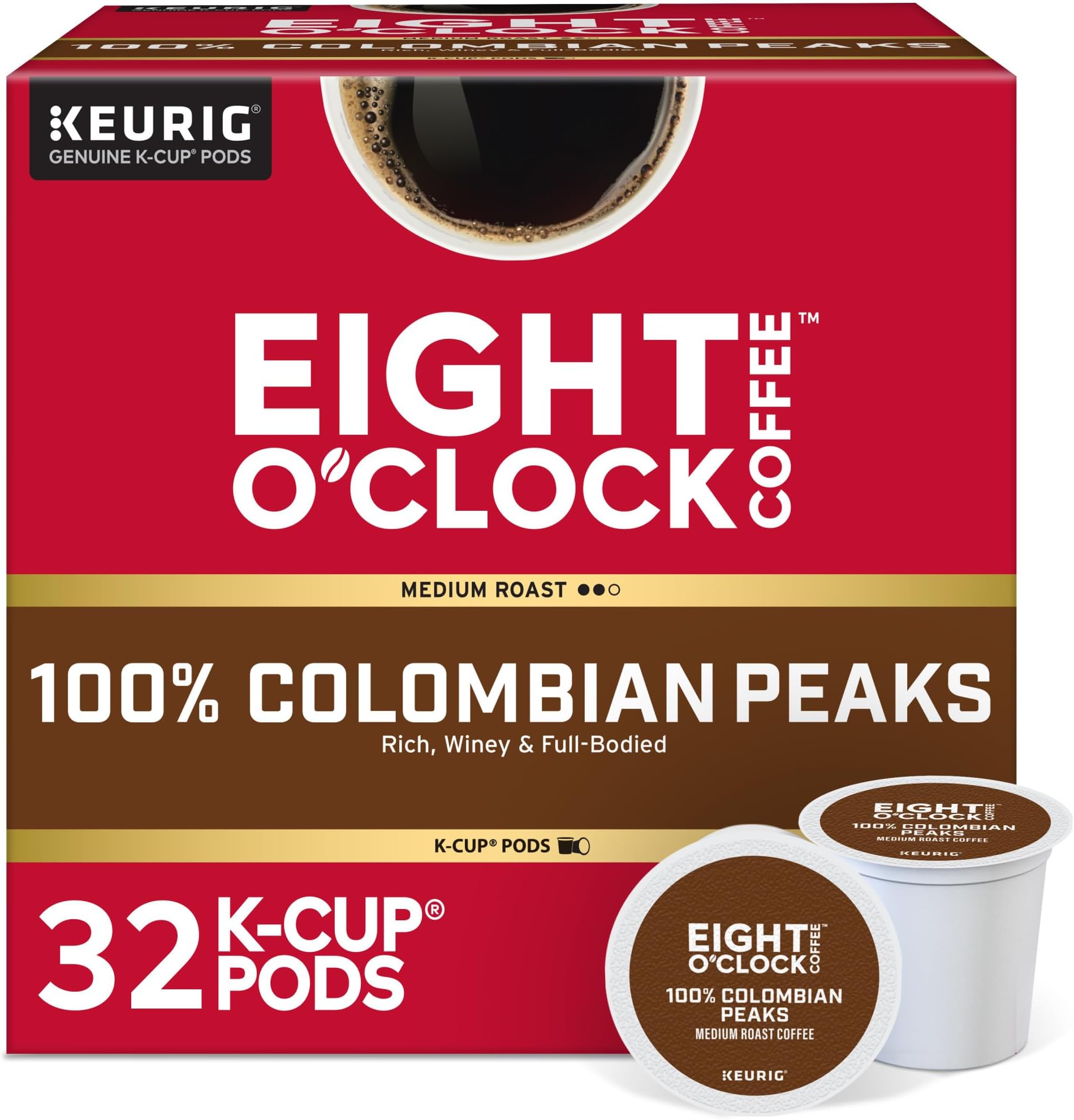 Eight O'Clock Coffee Colombian Peaks Single-Serve Keurig K-Cup Pods, Medium Roast Coffee Pods, 32 Count