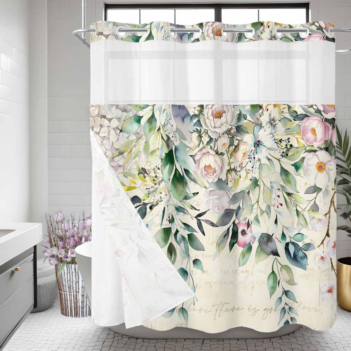 Botanical No Hook Shower Curtain with Snap in Liner Waterproof Fabric Shower Curtain Set for Bathroom Farmhouse Spring Plants Flowers Retro Lettering Background Shower Curtain with Sheer Top72"x72"