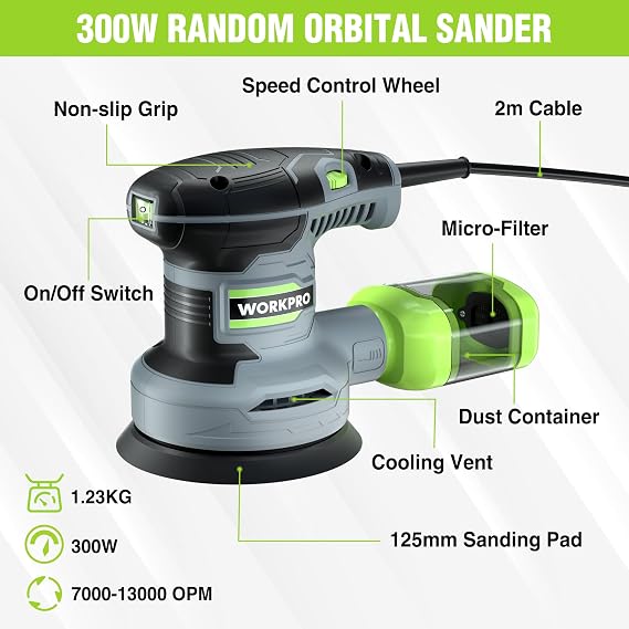 WORKPRO Random Orbit Sander 300 W, 125 mm Sander with 20 Sandpapers