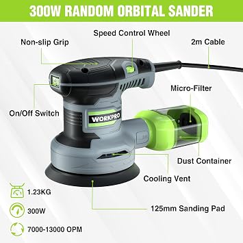 WORKPRO Random Orbit Sander 300 W, 125 mm Sander with 20 Sandpapers