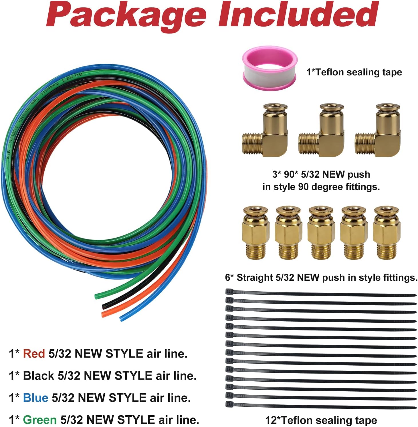 for 13 15 18 Eaton Fuller Transmissions Air Line Kit Includes 4 PU Lines, 6 Straight & 3 90-Degree Copper Fittings, 12 Ties & Teflon Tape