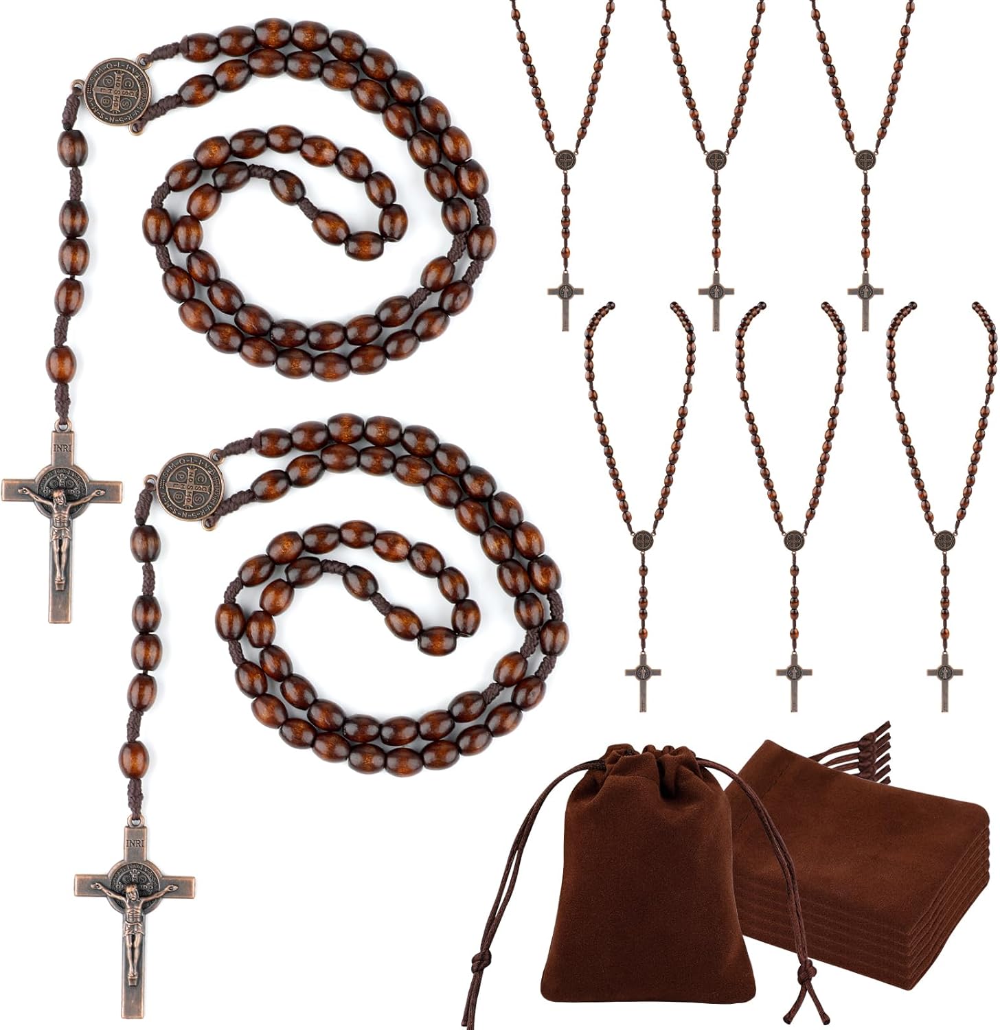 Wooden Bead Rosary Necklace, Catholic Rosary Wood Carved Beads with Jesus Cross, Wood Rosarys Beads Necklace Bulk with Organza Bags Pouch Baptism Favors Catholic Gift for Men Women