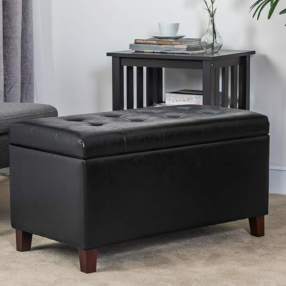 Adeco Storage Ottoman, Faux Leather Rectangular Tufted Upholstered Bench with Wood Legs, Footrest Stool Coffee Table for Living Room Bedroom Entryway Hallway (Black)