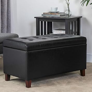 Adeco Storage Ottoman, Faux Leather Rectangular Tufted Upholstered Bench with Wood Legs, Footrest Stool Coffee Table for Living Room Bedroom Entryway Hallway (Black)