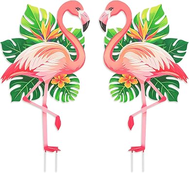 Pink Flamingo Yard Decorations, 16inch Metal Flamingo Garden Stakes for Outdoor Yard Lawn Porch Pathway Patio Decor 2p-ab
