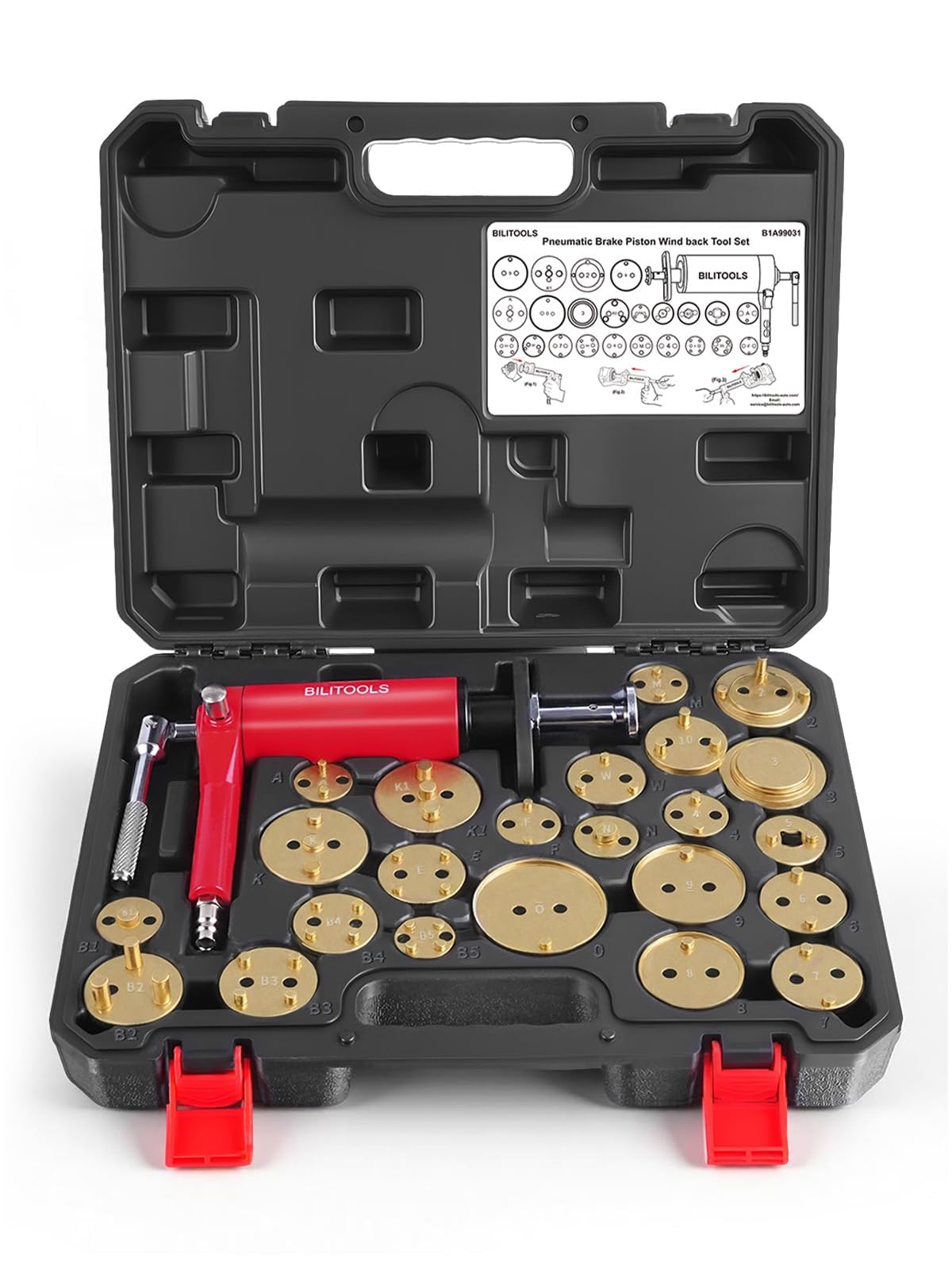 BILITOOLS 24-TLG. Druckluft Bremskolbenrücksteller Set – Pneumatisches Bremssattel Rückstellwerkzeug – Universal Bremsenrücksteller & KFZ Werkzeug Set für Auto
