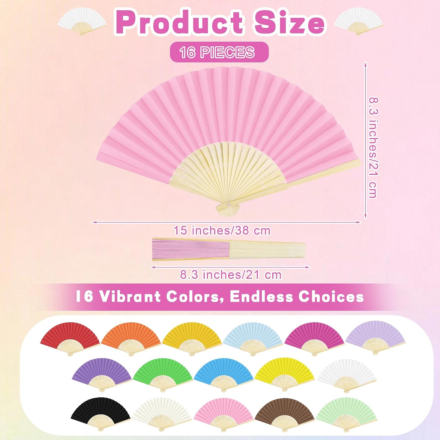 Aodaer 16 Pieces Paper Folding Fans Bamboo Handheld Fans Paper Folded Fan for Wedding Gift, Party Favors, DIY, Home Decoration, Multicolor