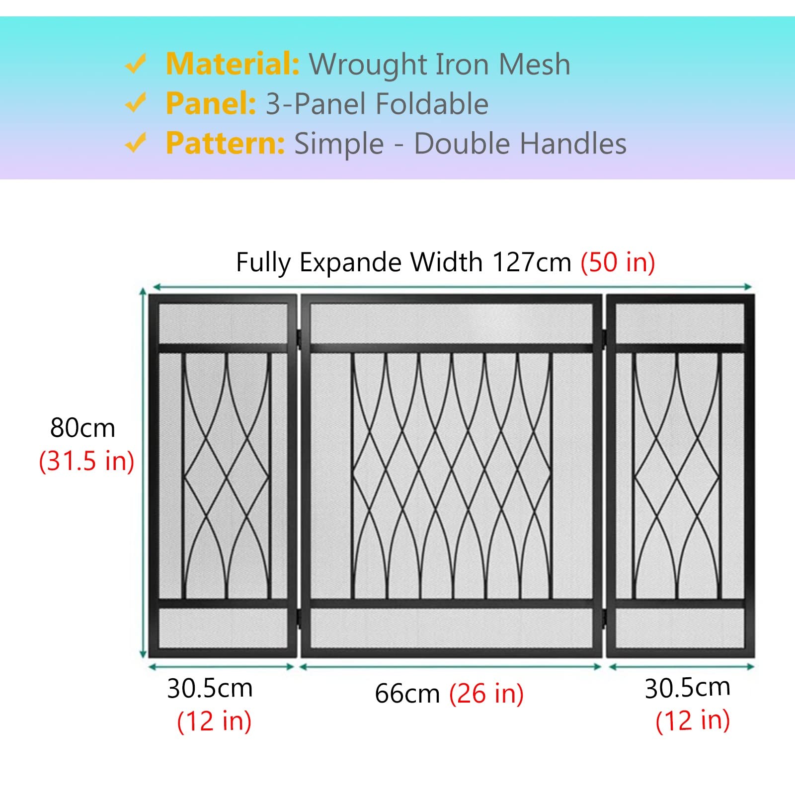Open haard Scherm Zwart Metalen Mesh Open Haard Scherm 3 Panel Opvouwbare Ijzer Open haard Scherm Moderne Decoratie Vonk Guard Cover Open haard Gereedschap Accessoires 47 X 31.5 Indoor Open haard