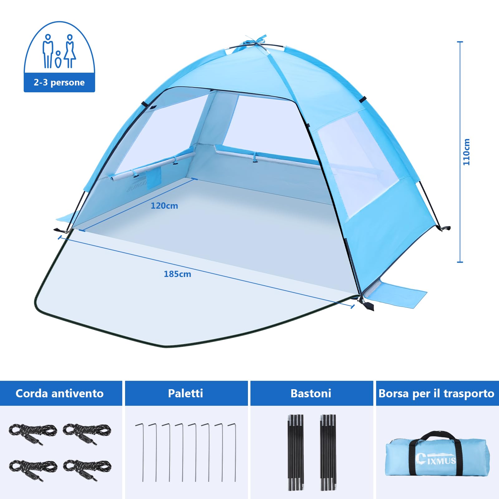 Strandmuschel Tragbarer Tenda da spiaggia portatile anti-UV 50+ per bambini e adulti - Riparo da spiaggia antivento (Blu, 2 persone)