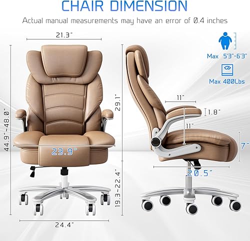 Miniatura 2 de GYI Silla de oficina grande y alta, asiento ancho de 400 libras, silla ergonómica de escritorio ejecutiva de cuero con brazos abatibles, color marrón