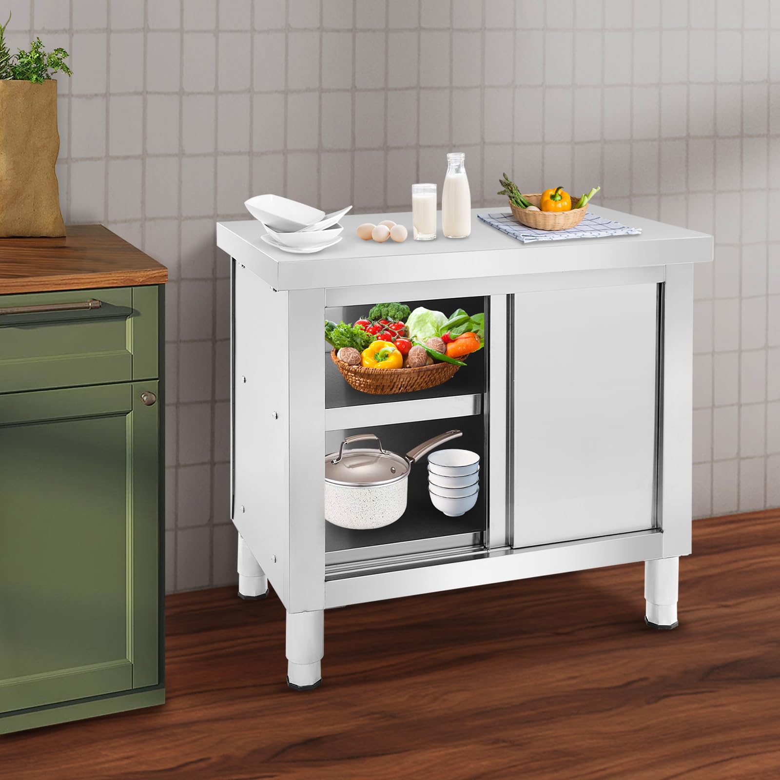 armadio in acciaio inox con ante scorrevoli, tavolo da cucina in acciaio inox per uso esterno, tavolo da lavoro indipendente per cucina da ristorante, garage e cucina (80 * 50 * 80 cm)
