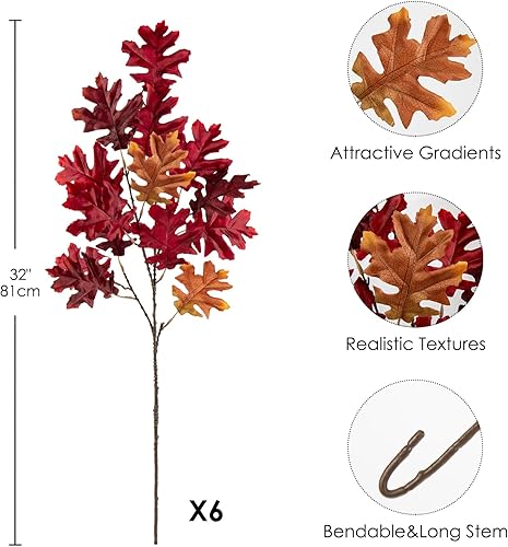 Miniatura 2 de Briful 6 tallos de hojas artificiales de otoño de 32 pulgadas, ramas de follaje otoñal, hojas de roble otoñal, espray para el hogar, cocina, granja,
