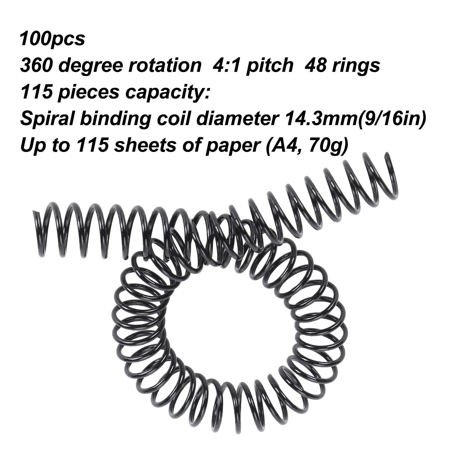 100 pièces bobines de reliure en spirale à boucle unique, capacité de 115 pages 4:1 pas 14,3 mm pour bobines en spirale format lettre pour reliure (Noir)