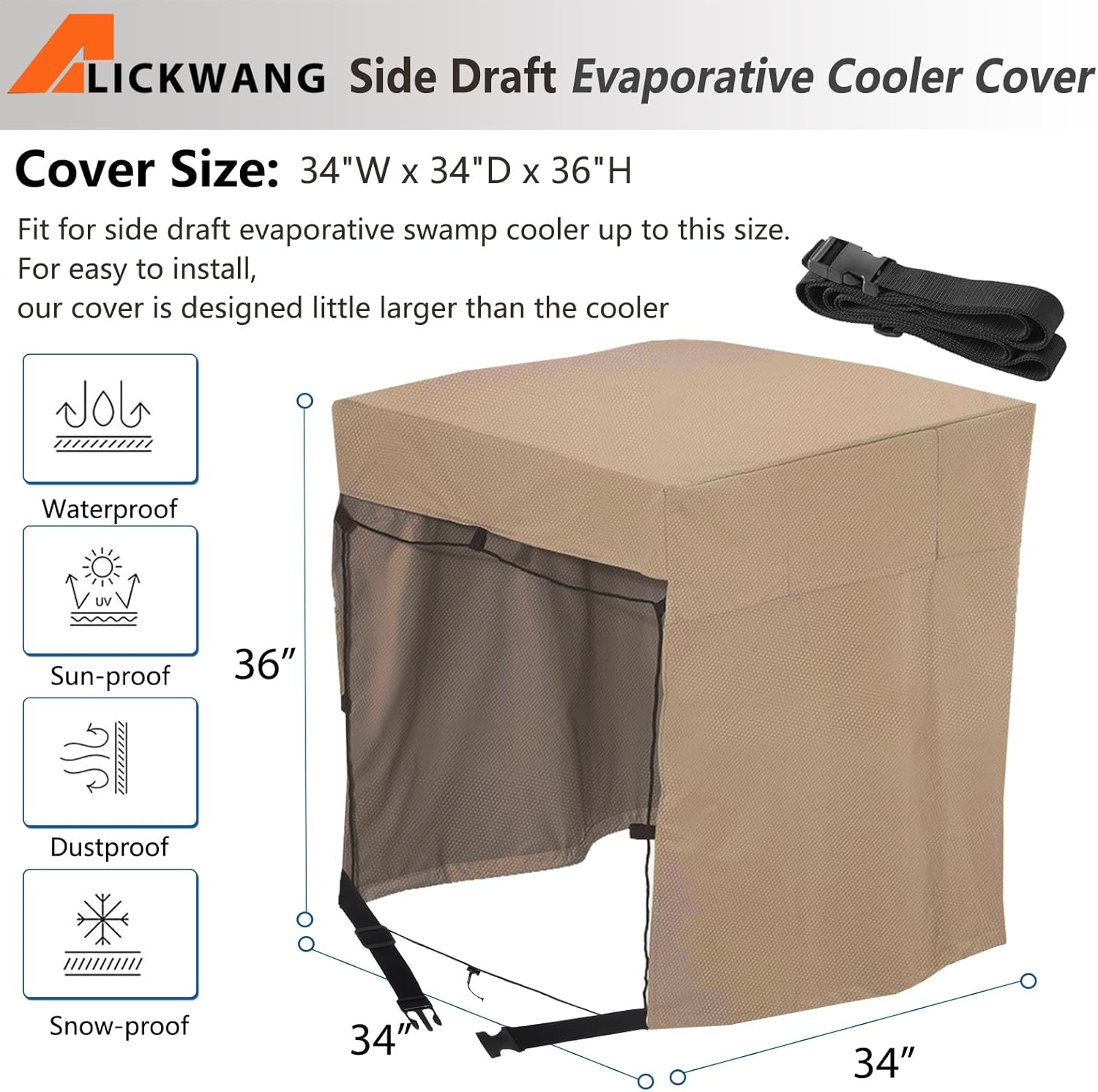 Side Draft Evaporative Cooler Cover,Heavy Duty 600D Rain and Snow Protection Swamp Cooler Cover,Equipped with 2 Bayonet Straps, for Side Draft Swamp Cooler Weatherproof Covers,34"W x 34"D x 36"H