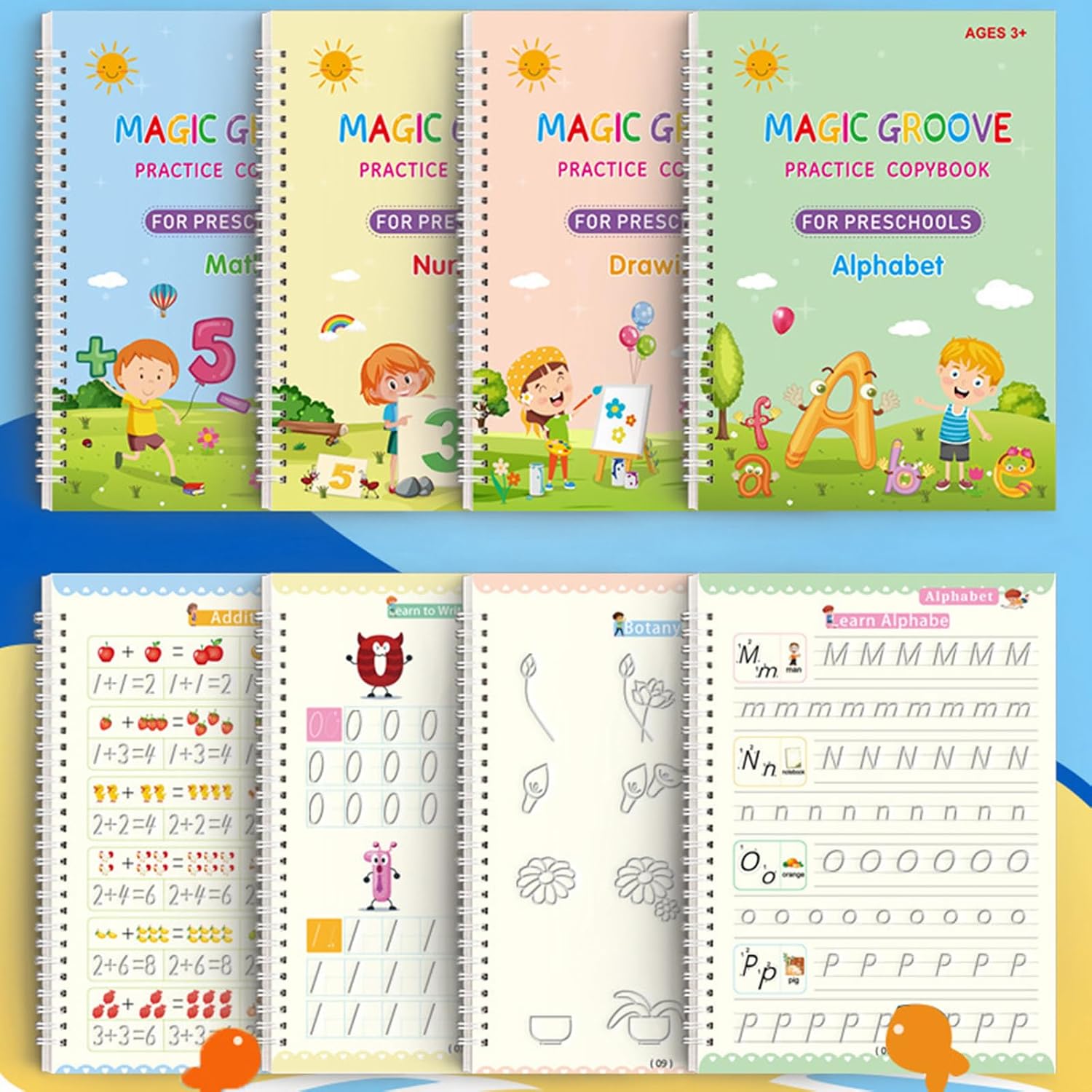 4Pcs Magical Grooved Handwriting Book Includes Letter Number Art Drawing Mathematical Operations for Home School English Writing Notebook