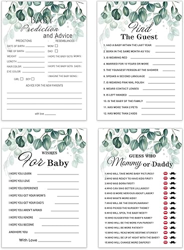 Juegos de baby shower de eucalipto verde para niño o niña, juego de 4 juegos para 10 invitados, 5 x 7 pulgadas
