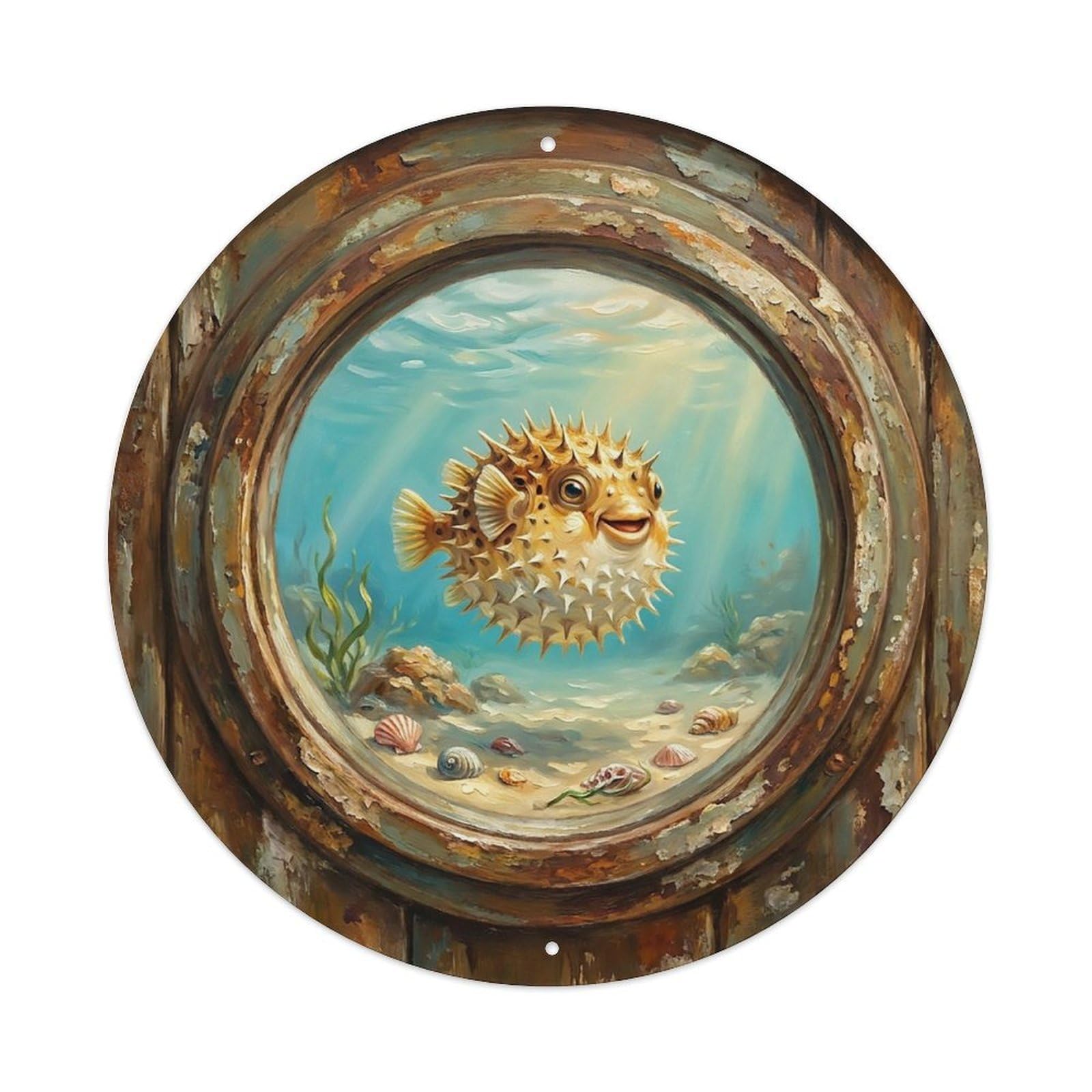 Vintage Porthole Pufferfish Ship Window Undersea Deep Sea Metal Tin Sign