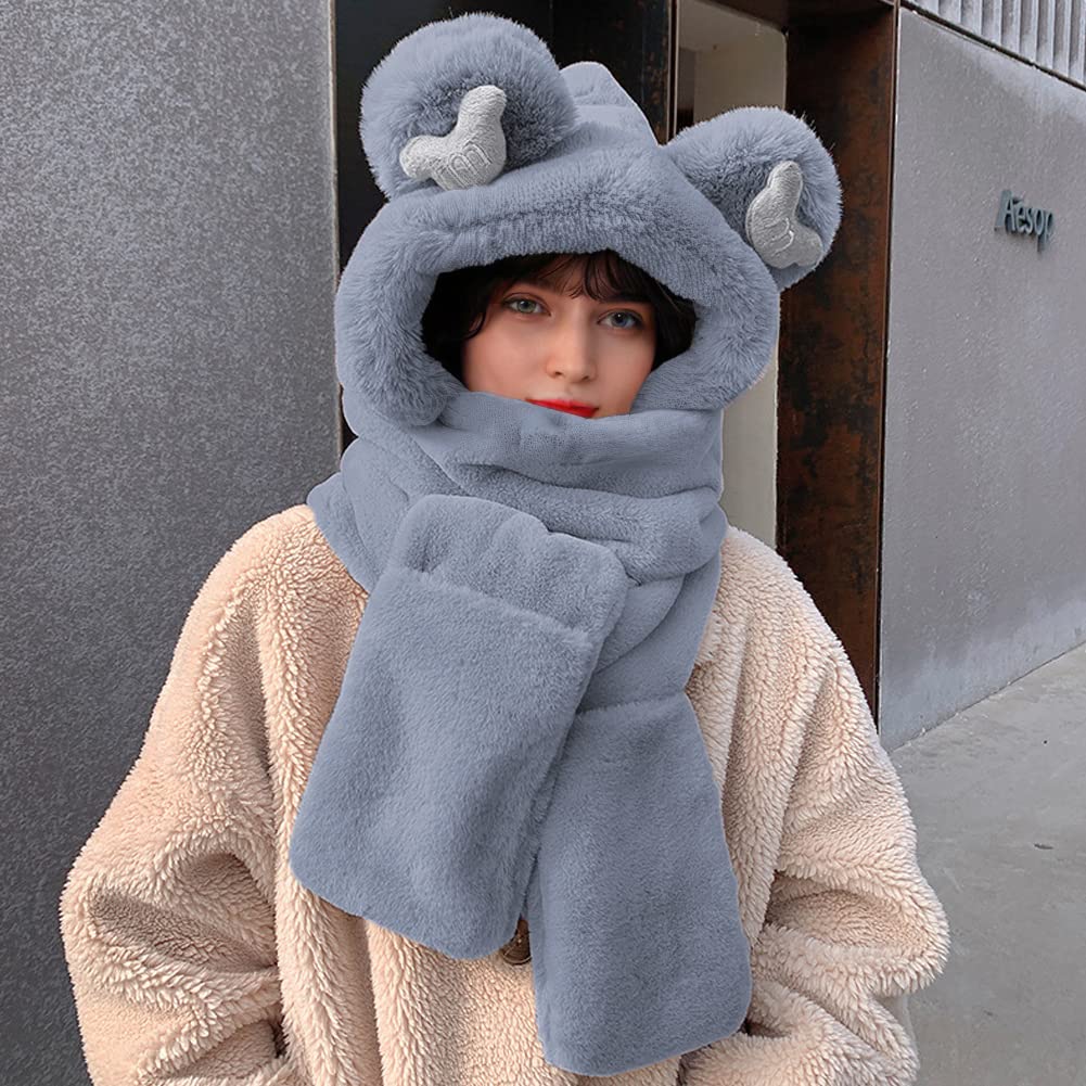 3 in 1 Sciarpa Cappello Orso Orecchio Guanti in Pile Termico Caldo per Inverno Cappello da Donna con Orecchie di Orso alla Moda Cappuccio Sciarpa Guanti per Outdoor