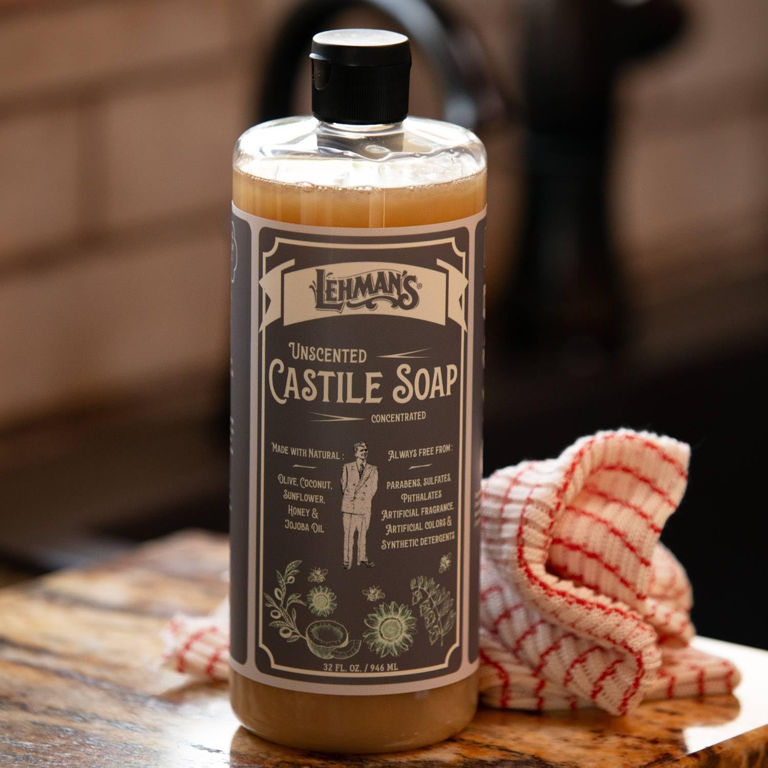 Lehman's Concentrated Liquid Castile Soap, Natural and Gentle Multipurpose Cleaning Solution, 32 fl oz, Unscented