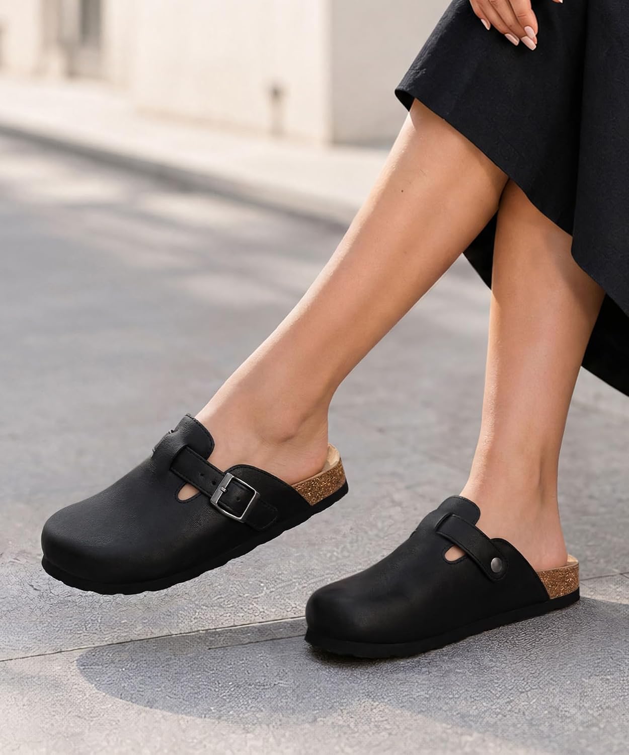 ODOLY Unisex Vegan Leather Clogs Womens Mens Cork Footbed Mules Slip on Potato Shoes with Arch Support, New Black, Size 46