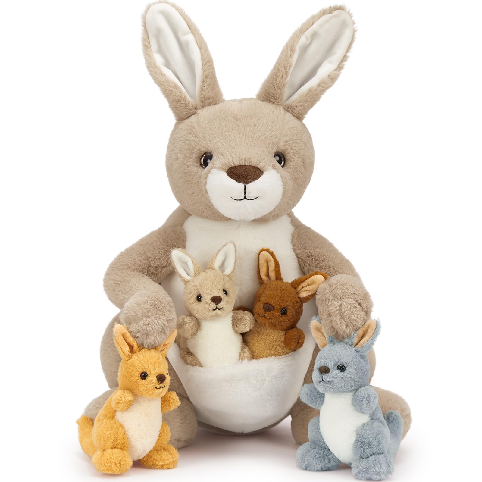 MorisMos Peluche Kangourou avec 4 Bébés 52cm, Famille Kangourou en Peluche, Peluche Maman et Bébés dans Poche, Animal Australien Doux, Cadeau Enfant, Cadeau Naissance, Décoration Chambre