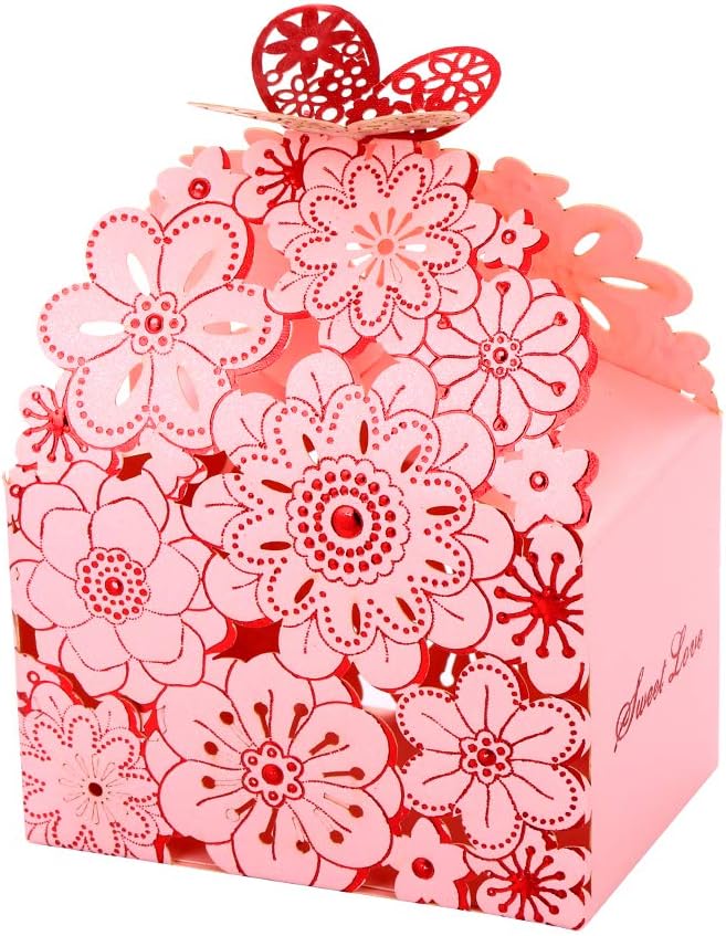 Keweis 50pcs Laser Cut Flower Butterfly Hollow Candy Boxes, Large Size Wedding Favor Party Favor Boxes for Bridal Shower Wedding Party Favor, Pink