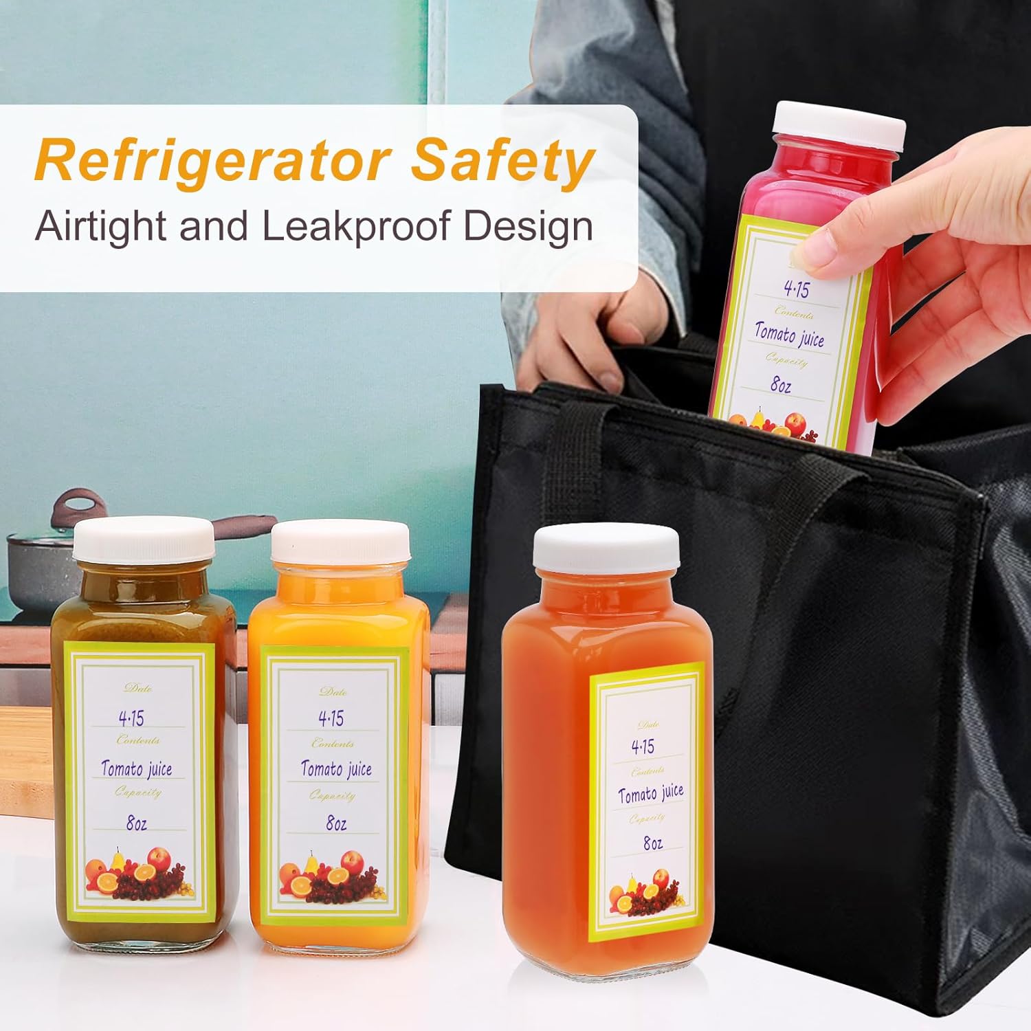 Juice Bottles With Caps 8 oz,Glass Juicing Bottles Reusable,12 Pack Water bottles for Milk,Juice,Tea,Water,Honey,Jam,Kombucha,Honey,Portable Travel Bottle - Image 7