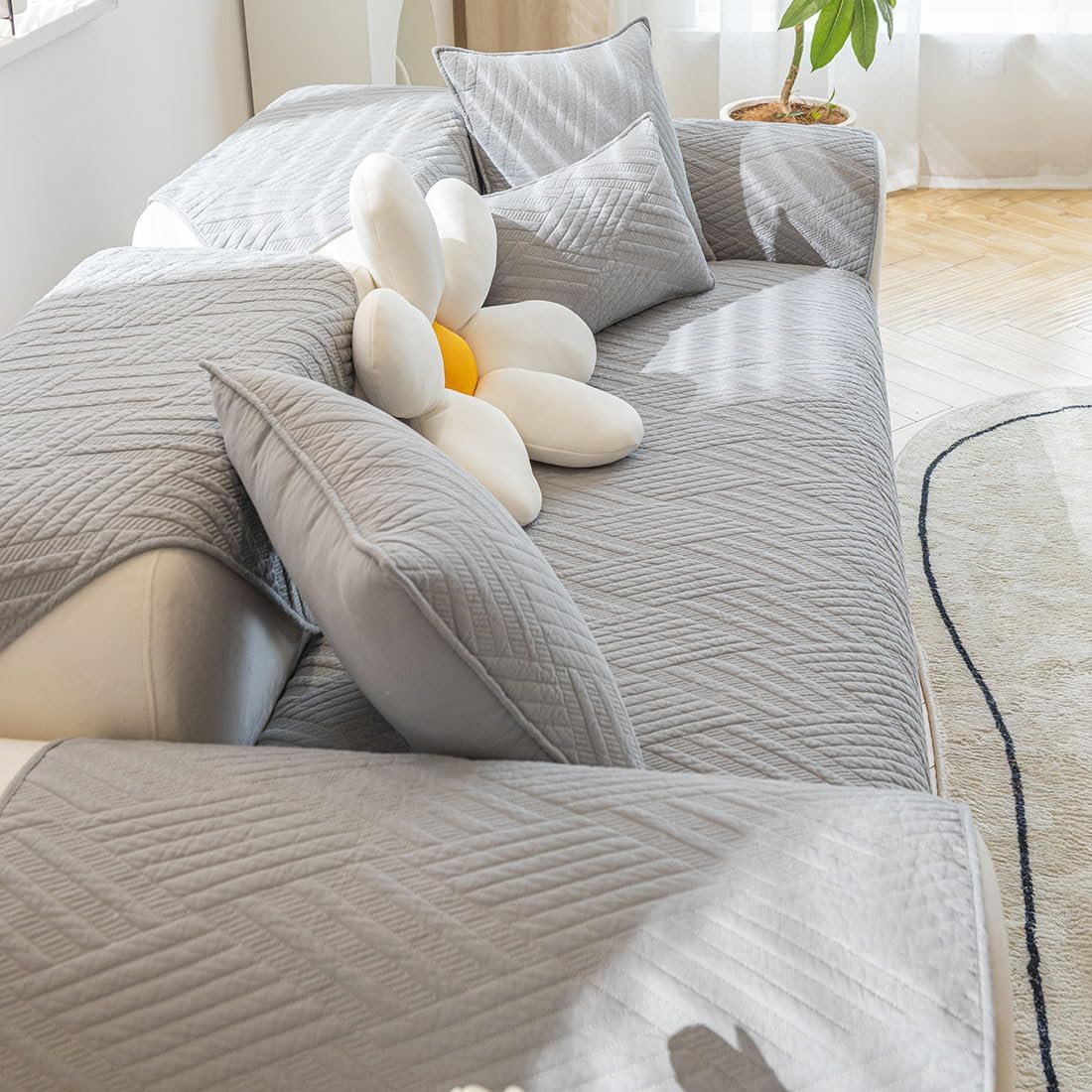 Stripe Diamond Armrest Cover Backrest Cover Cotton Quilted Sectional Couch Cover Anti-Slip Sofa Couch Cover Furniture Slipcover for Dog, Pet, Cat (Grey,28''x28'')