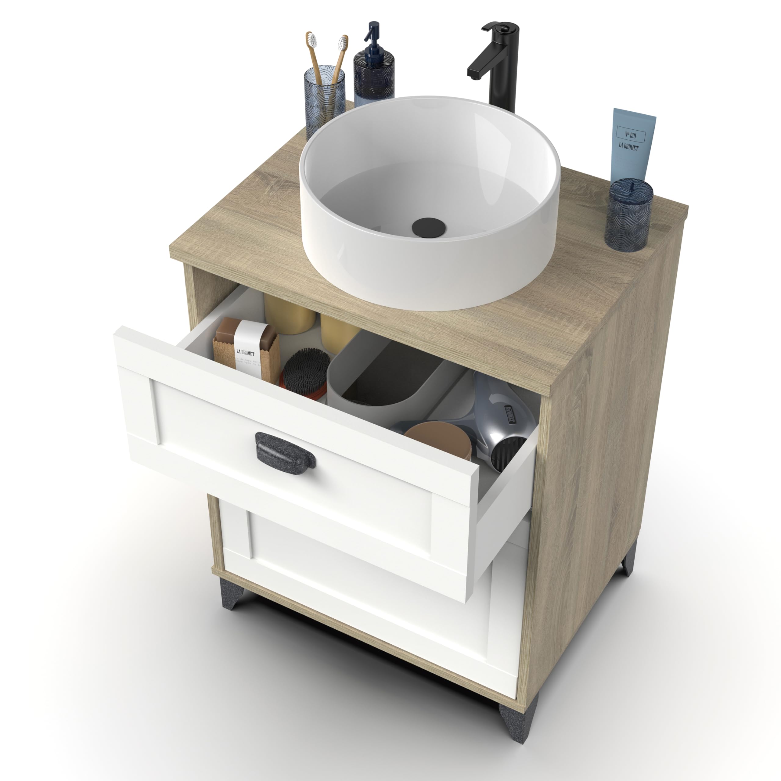 Muebles Pitarch | Mobile da bagno con lavabo in ceramica incluso, 60cm, con piedi, cassetto ,1 porta, per lavabo da appoggio, Bianco e Rovere , Vintage, modello Toscana