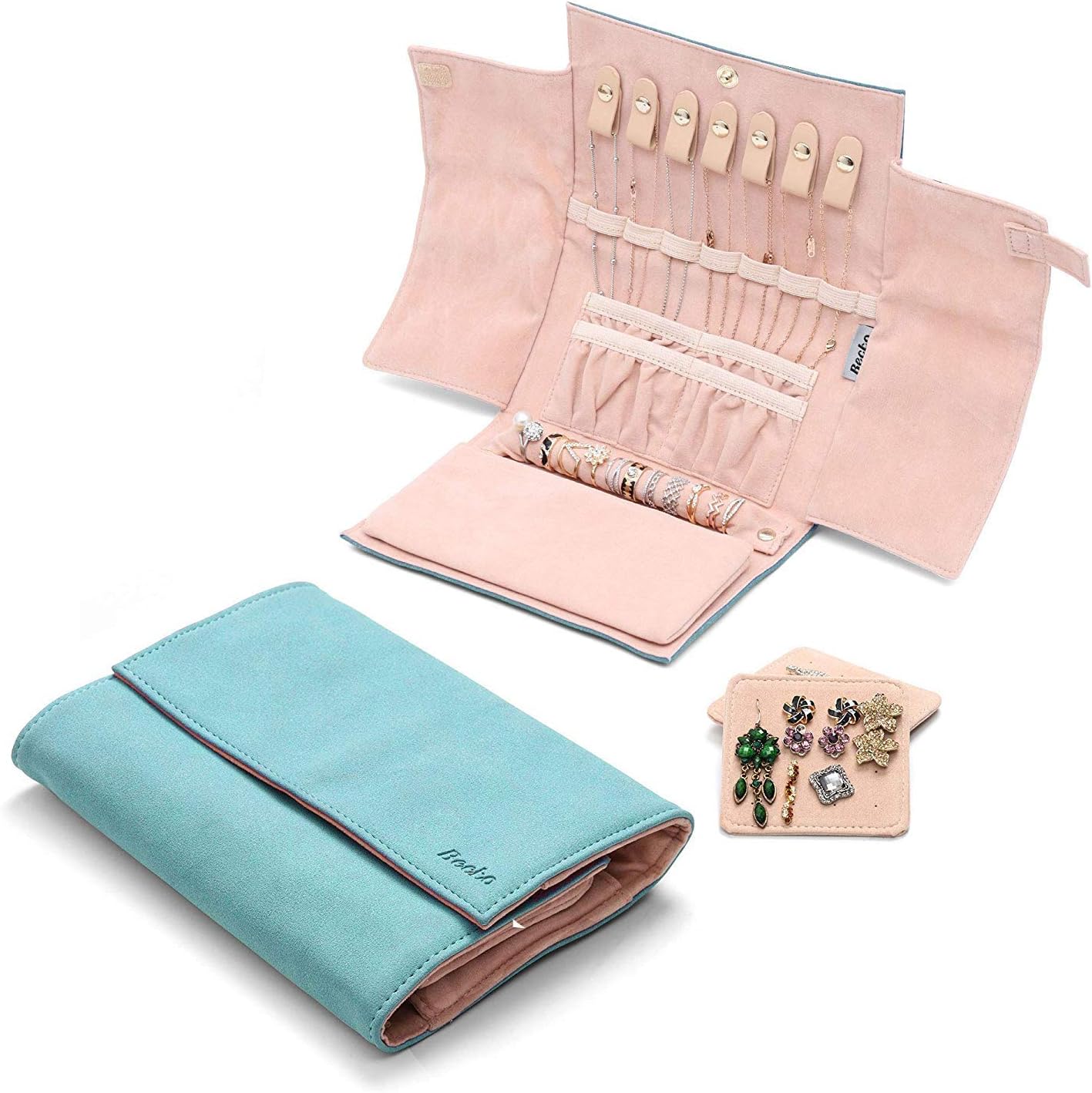 Becko US Jewelry Organizer Roll Travel Jewel Bag case for Multiple Necklaces, Rings, Bracelets, Supple Leather & Suede, Large Capacity Without Crease, Lightweight, Portable & Practical (Blue) - Image 5