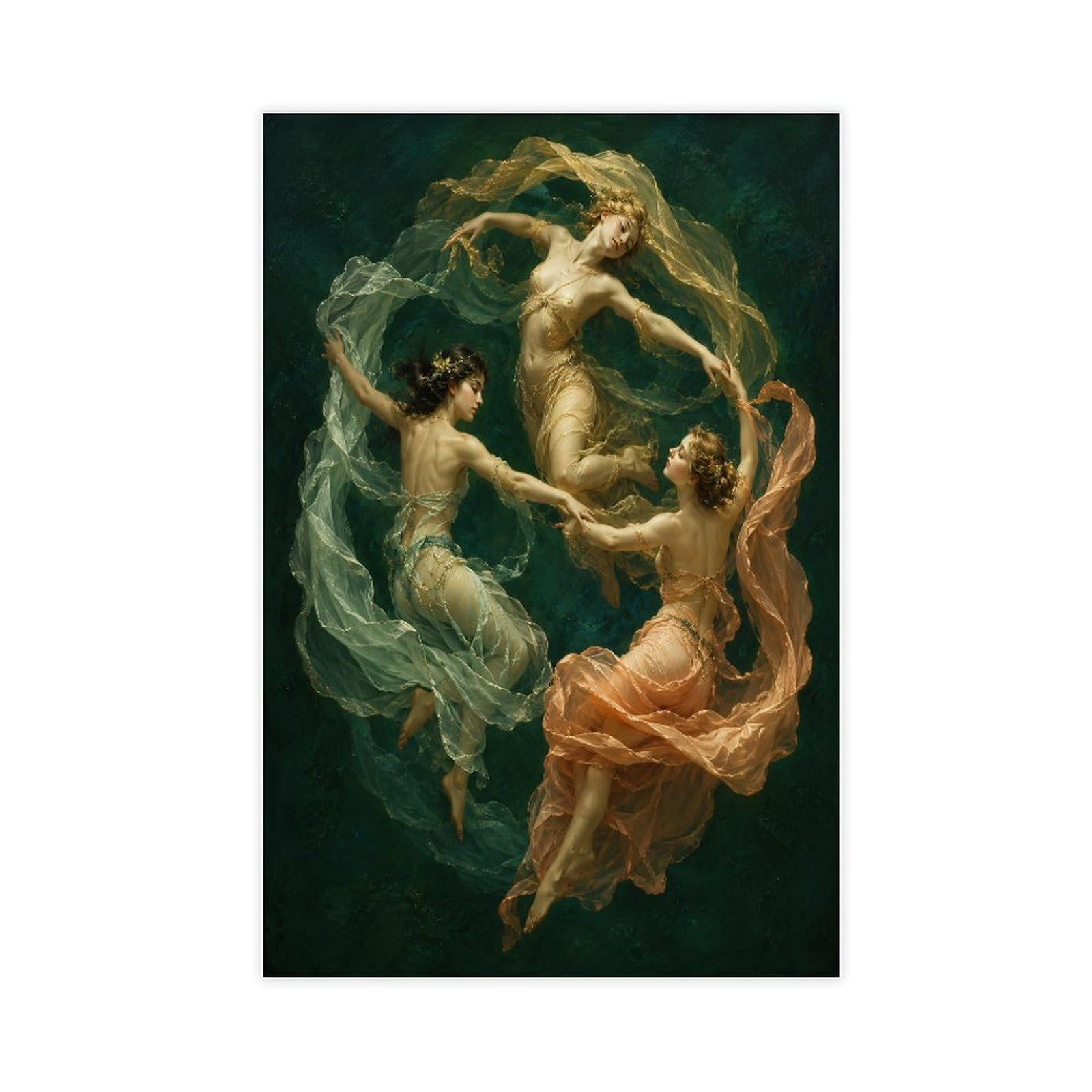 H3b8u2y5 Unframe-Style-10 Three Nymphs Forest Dance Canvas Wall Art, Surrealist Office