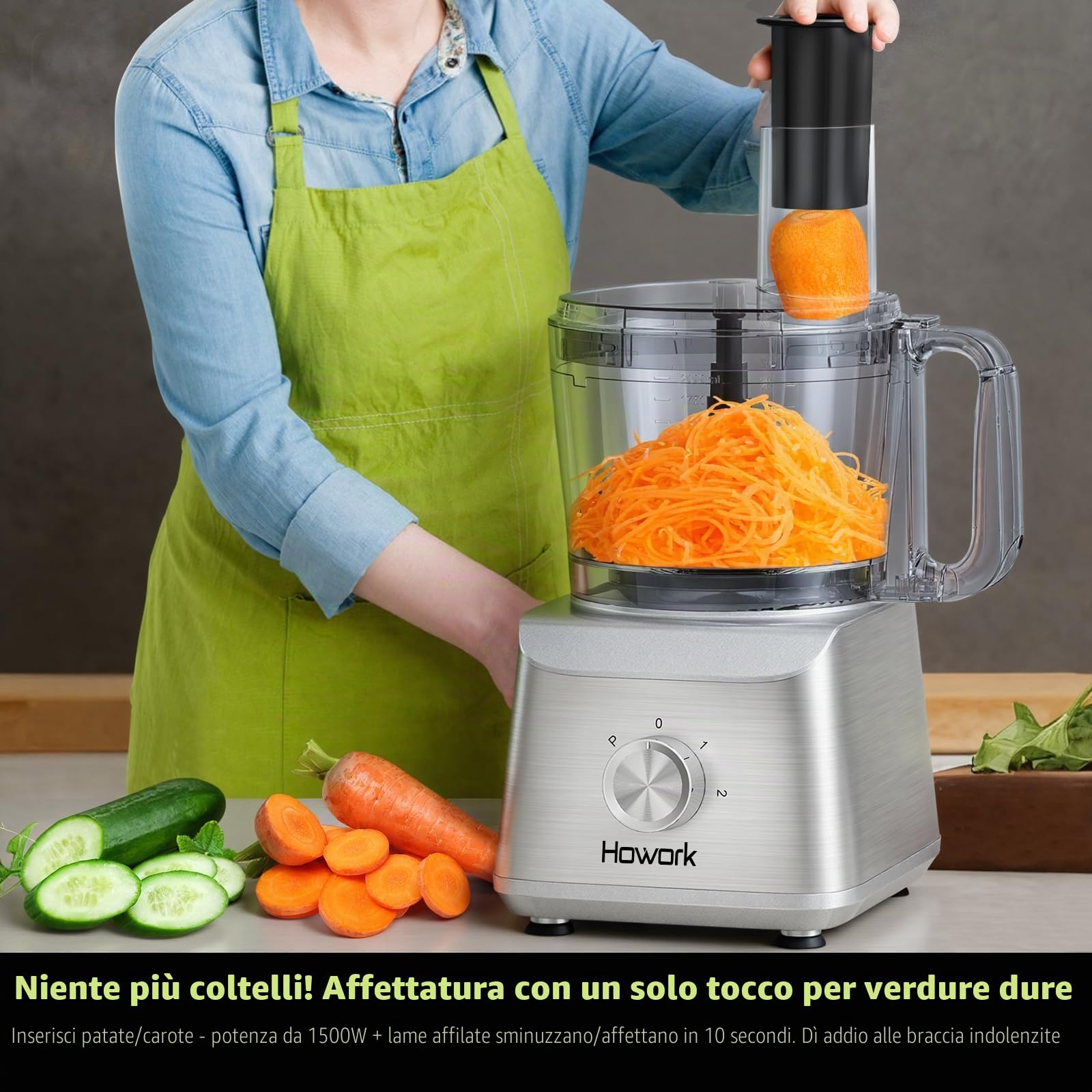 Howork Robot da Cucina multifunzione 1500W, Multifunzione di Grande Capacità, Per Tritare, Affettare, Sminuzzare, Tritare, Frullare, Sminuzzare,Farcire e Impastare, Acciaio Inox Argenteo