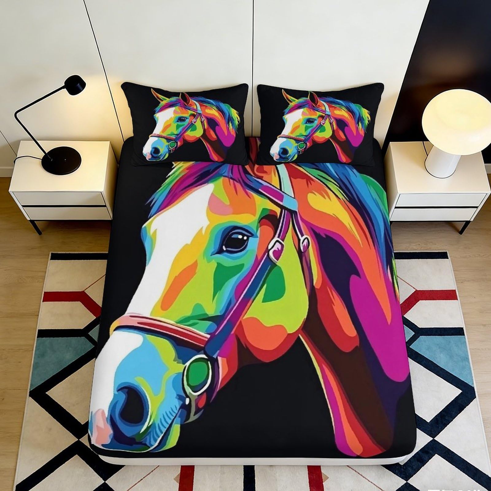 Uxinyoume Style-7 3D Printed Colorful Horse Fitted Sheet Microfiber Soft Artistic Rainbow Horse Bed Cover For Bedroom Guest Room Decor 90X200x25cm