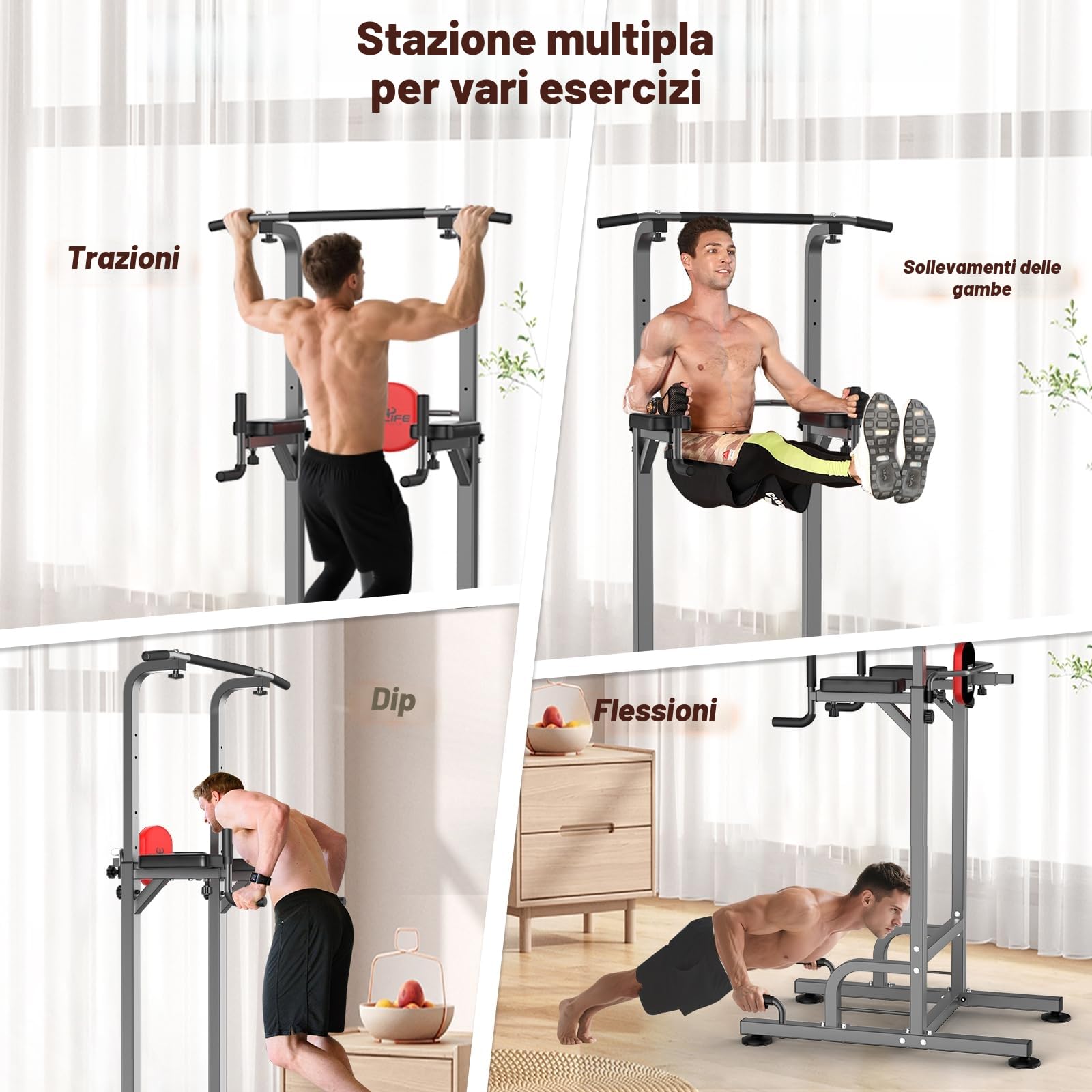 RELIFE REBUILD YOUR LIFE Power Tower Torre per Trazioni Stazione per Dip Sbarra Palestra Allenamento Casa Muscoli Multifunzione Fitness Casa Addominali Forza Attrezzi Pull Up Bar (Grigio)