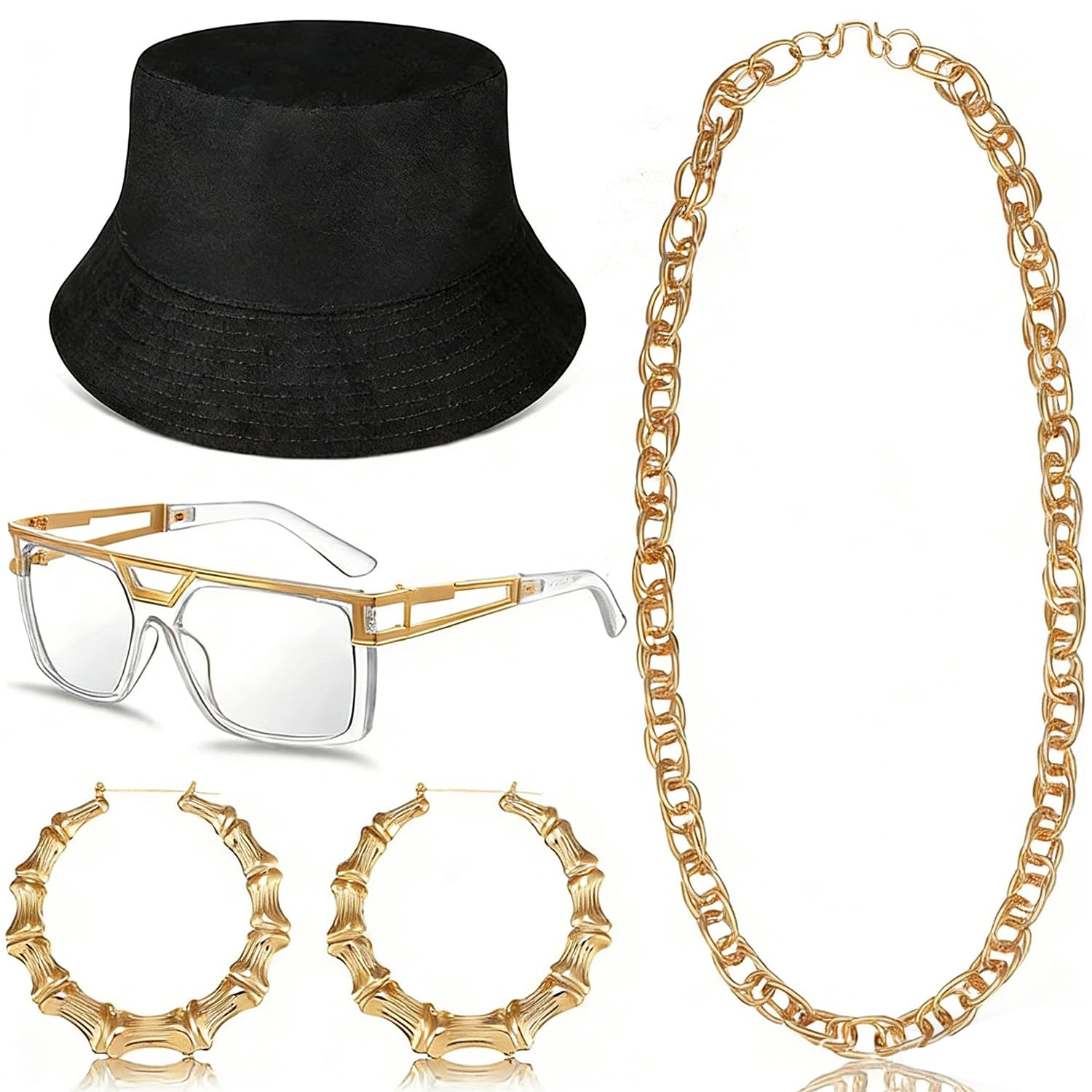 Hip Hop Rapper Costume Set, 5 Pcs Hip Hop Accessories Kit, Golden 80s Hips Hops Fancy Dress Accessories, Golden Necklace