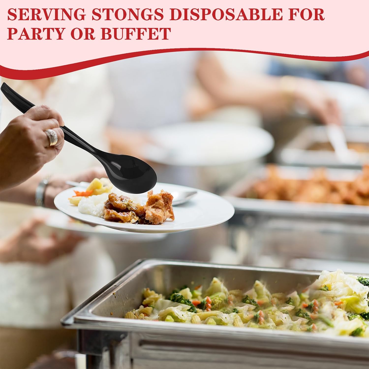 Mwellewm 10" Serving Spoons Plastic Serving Utensils 12 Packs Disposable Spoons for Buffet Large Heavy Duty Black Plastic Soup Spoons Catering Supplies for Parties Weddings Gatherings Holiday