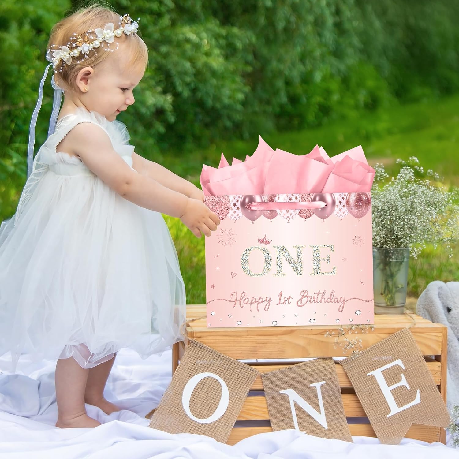 JCTHKUKU Large 1st Birthday Gift Bag for Baby, Pink Rose Gold One Gift Bag with 3 Tissue Paper, Happy 1st Birthday Party Favor Card for Baby Girl, First Birthday Decorations