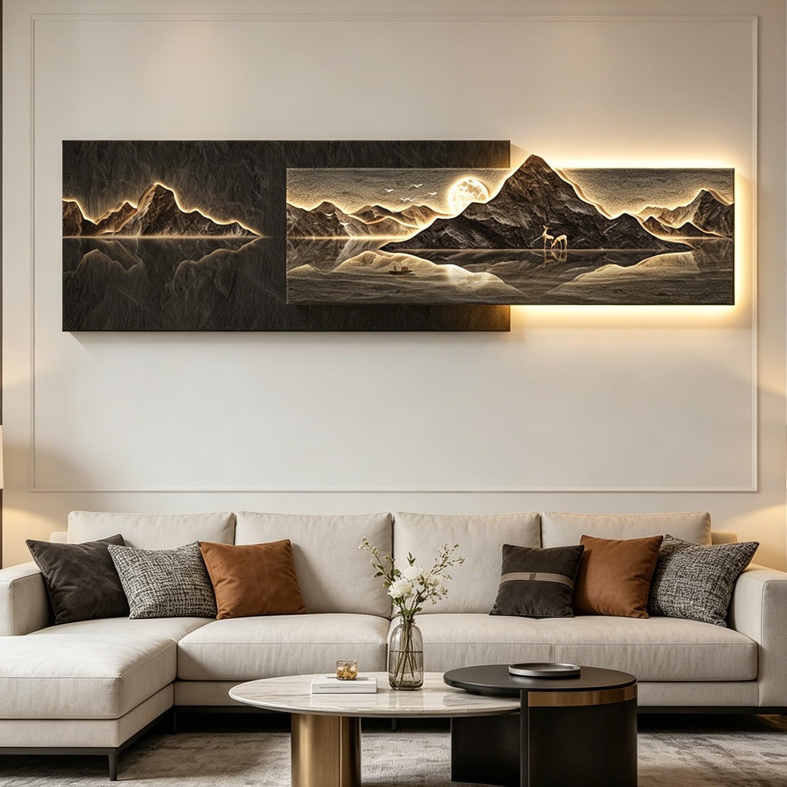 PGZMDTWI 3D Sandstone LED Modern Landscape Wall Art, Decorative Art for Living Room Bedroom Hallway Entrance Home Interior(C,270 * 76CMF.3 * 30IN)