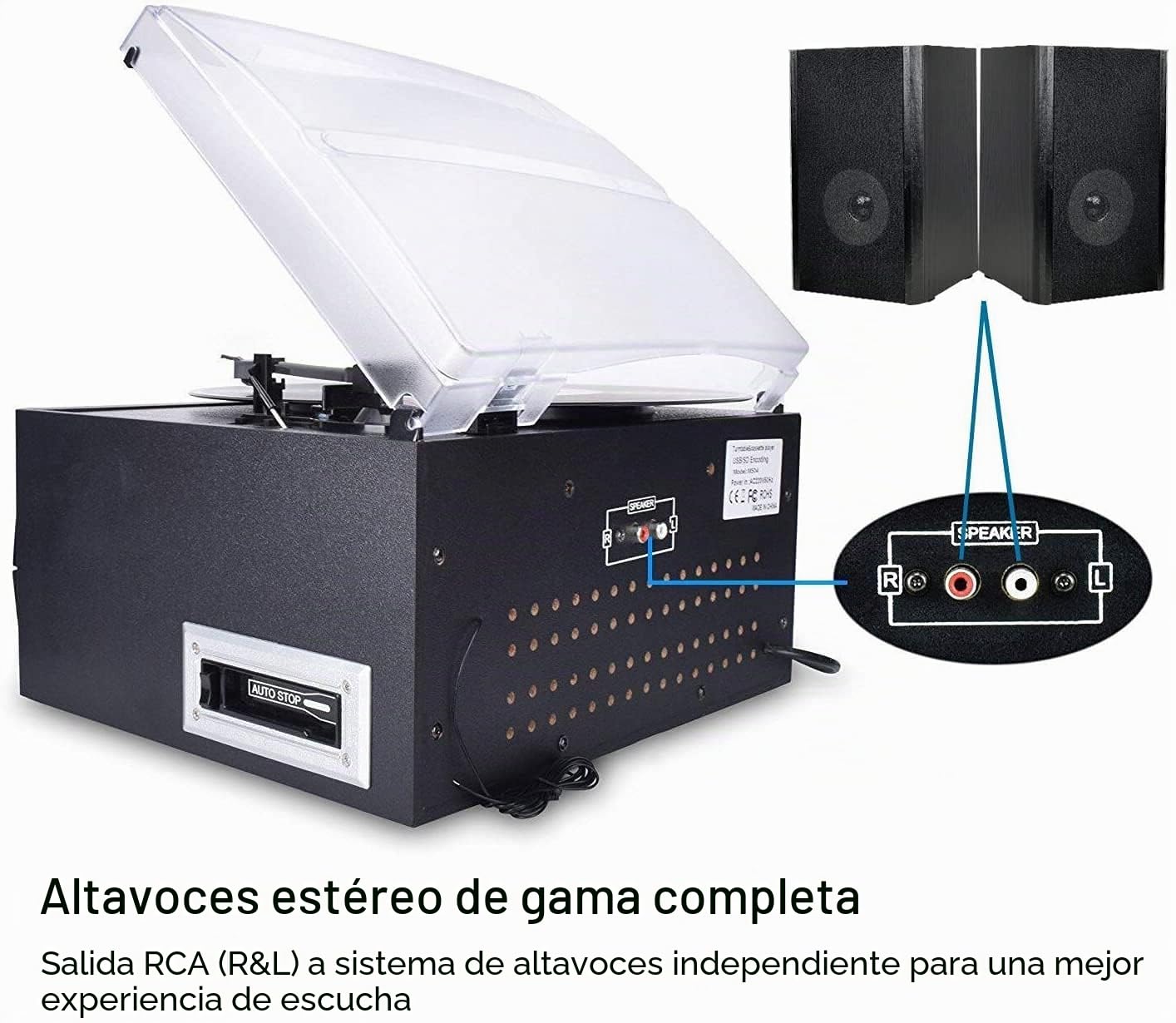 DIGITNOW! Tocadiscos para vinilos, Apto para CD, Casete, Radio Am/FM, Entrada Auxiliar, Puerto USB y codificación SD, con Mando a Distancia, Bluetooth y Altavoces estéreo Independientes