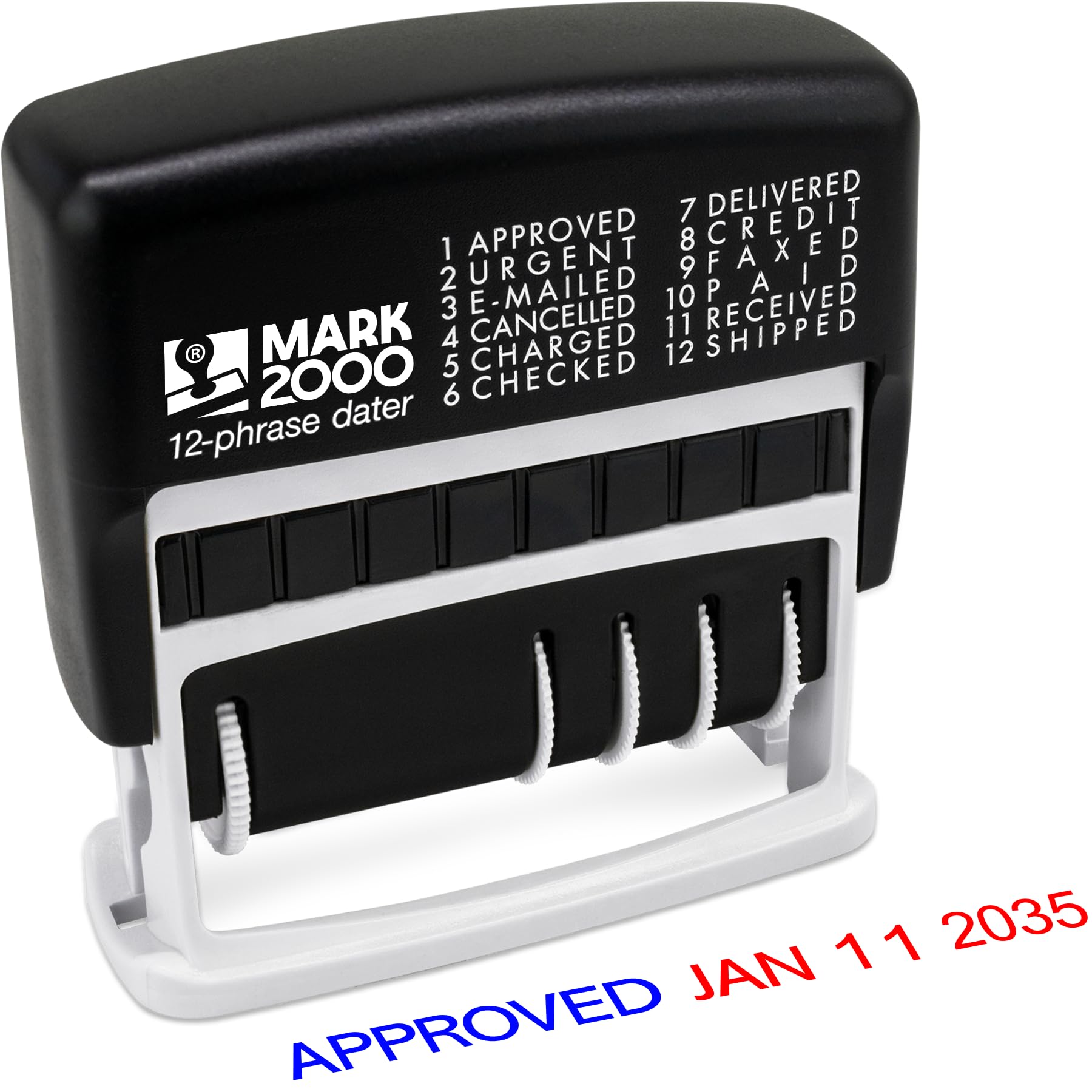 12-Phrase Dater - Self-Inking Stamp - Blue Ink, Red Date