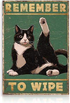 Dazzlewall Funny Cat Bathroom Wall Art Poster, Vintage Black Cat Remember to Wipe Tin Sign Picture for Toilet Bathroom 12x16 in Unframed