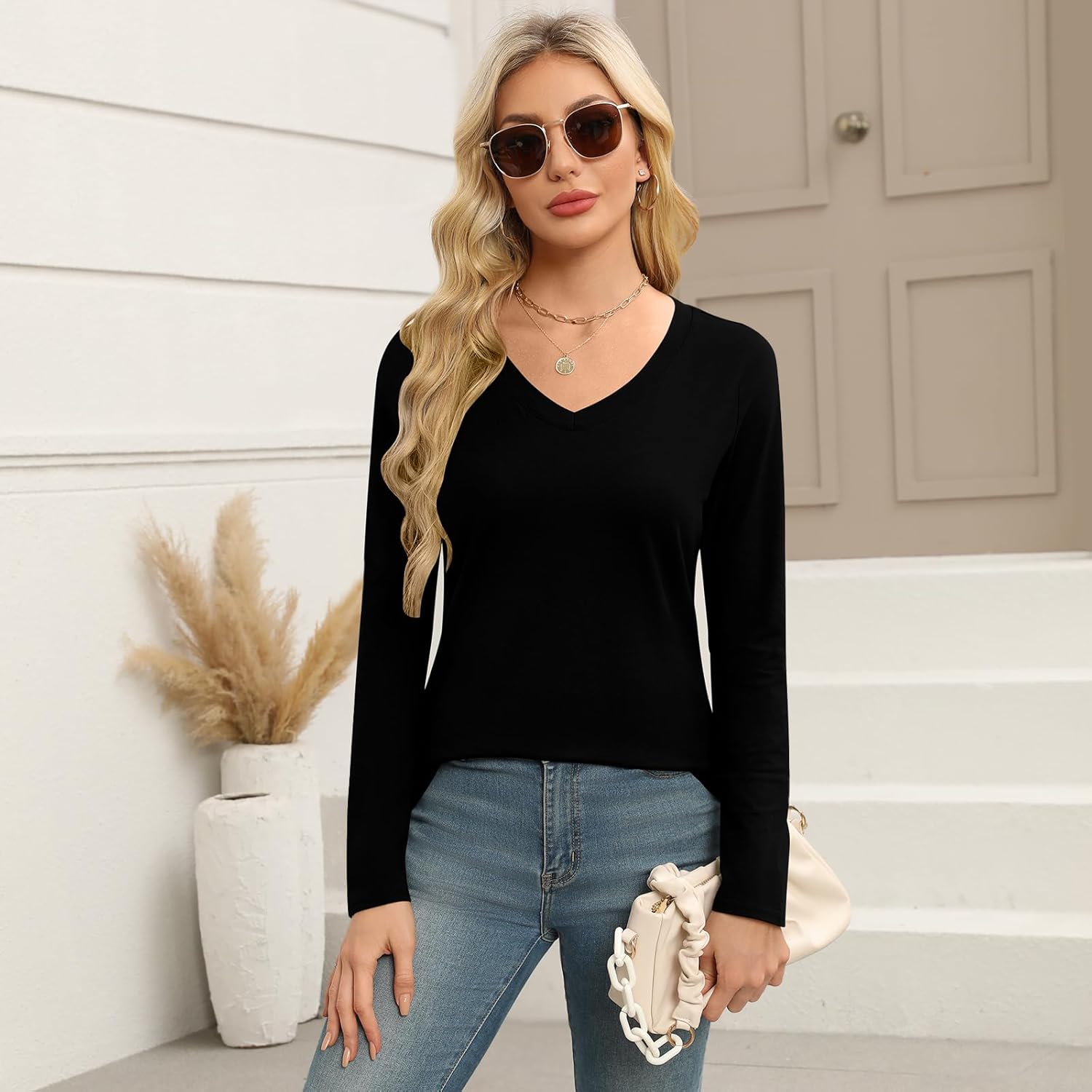 Elesomo Long Sleeve Shirts for Women Cotton Tshirts V Neck Spring Tops Basic Tee - Image 3