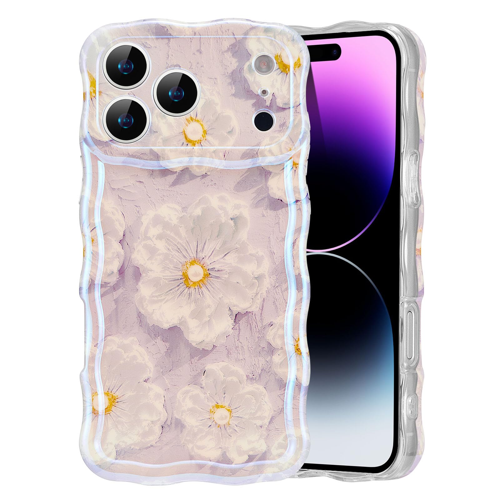 EYZUTAK Case for iPhone 15, Colorful Retro Oil Painting Flower Laser Beam Glossy Pattern Cute Curly Waves Border Exquisite Phone Cover Stylish Durable Soft TPU Protective Case for Girls Women - Green — view 86