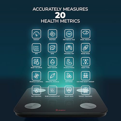 Miniatura 3 de Sunny Health & Fitness Báscula de IMC de composición de grasa corporal avanzada de 20 métricas con aplicación de seguimiento y analizador de salud,