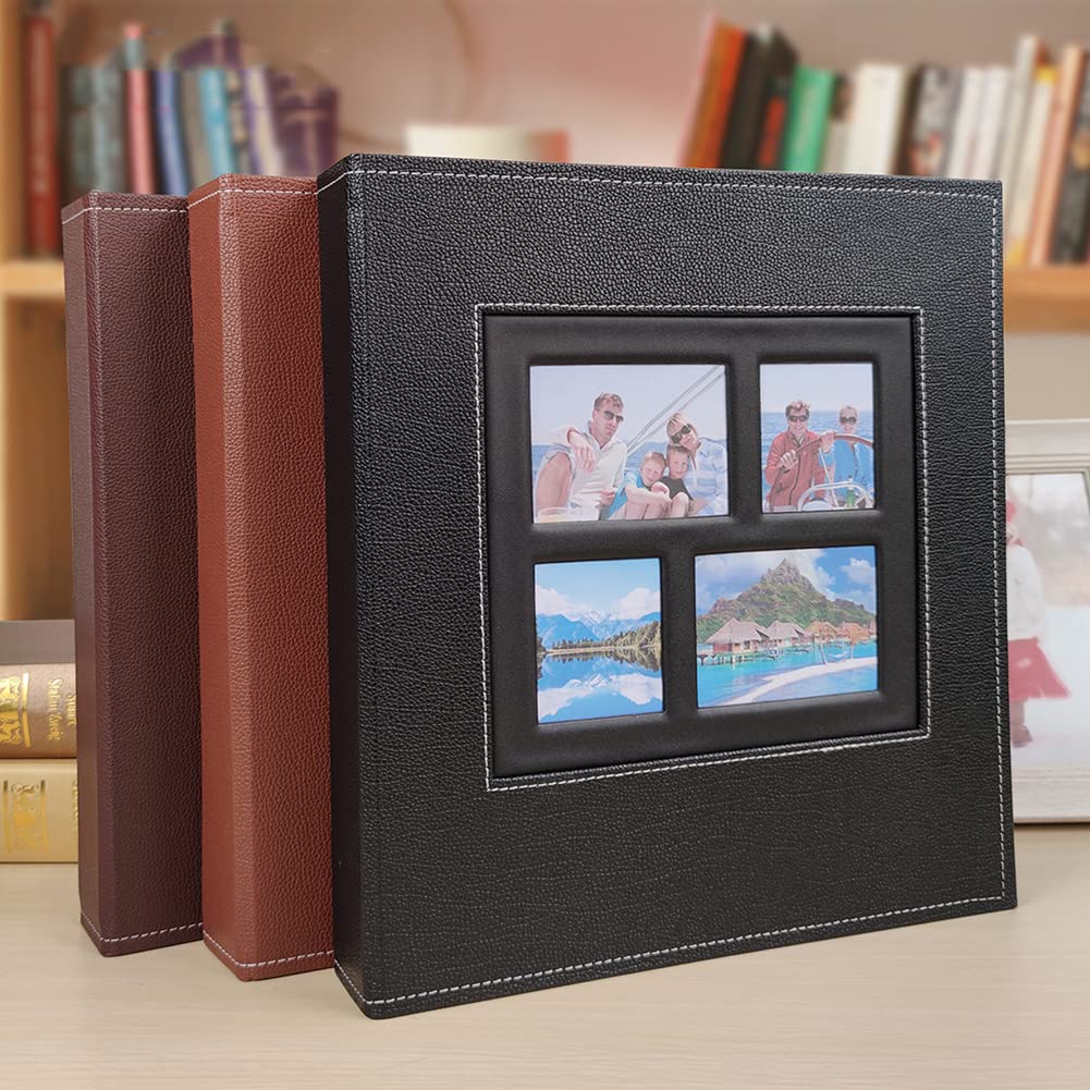 Album de Photos avec Couverture Transparente et 10x15cm 600 Pochettes Photos Horizontales et Verticales Pages Noires Couverture en PU Cuir Albums Photos de Mariage en Famille,31.5x34CM(120 pages),Marron