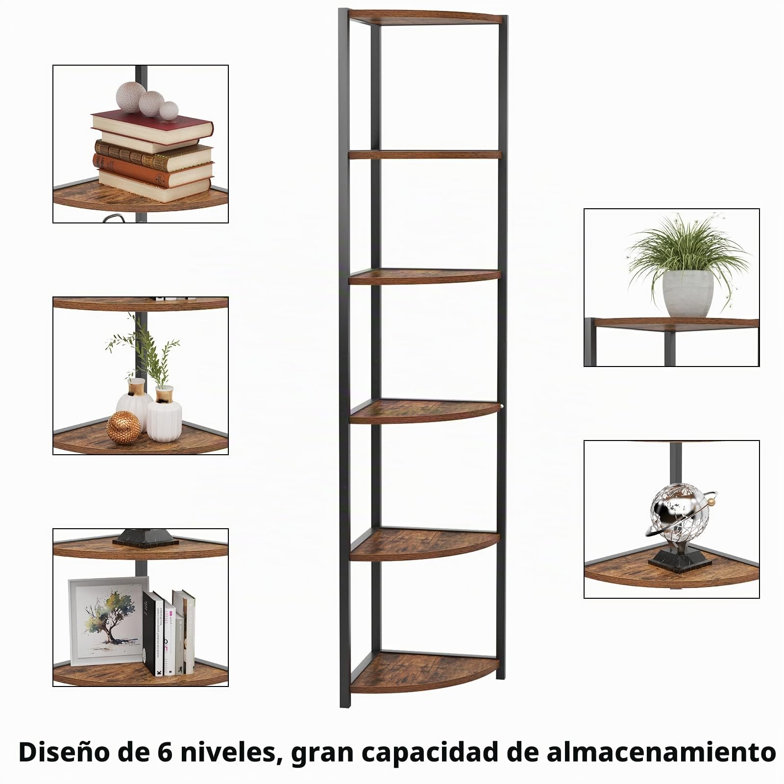 soges Estantería Esquinera de 6 Niveles Estantería de Esquina Independiente con Patas 165 cm de Alto Marco de Metal Soporte para Plantas Expositor de Pared Organizador