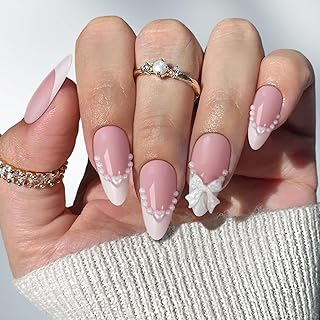 White French Tip Press on Nails Almond Bow Wedding Fake Nails with Designs 3D, FlexFly Medium Nude Cute Acrylic Nails Glossy Full Cover Natural Reusable Stick on Nails for Women Gift 24PCS