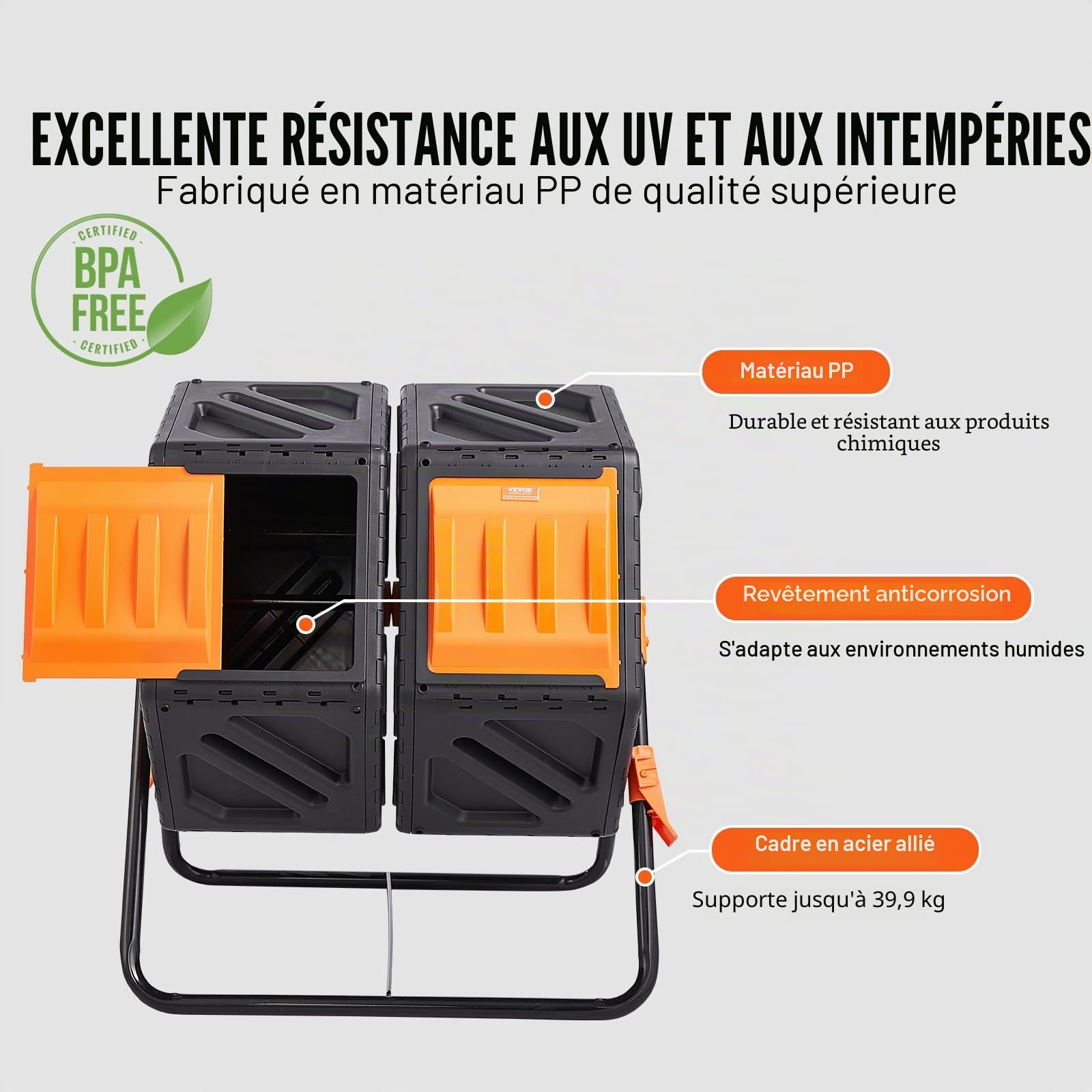 VEVOR Composteur de Jardin Rotatif 140 L Double Chambre Bac à Compost Rotatif à 360° en PP sans BPA Charge 40 kg pour Compostage des Déchets Organiques Cuisine Jardinier Terrasse Patio Extérieur