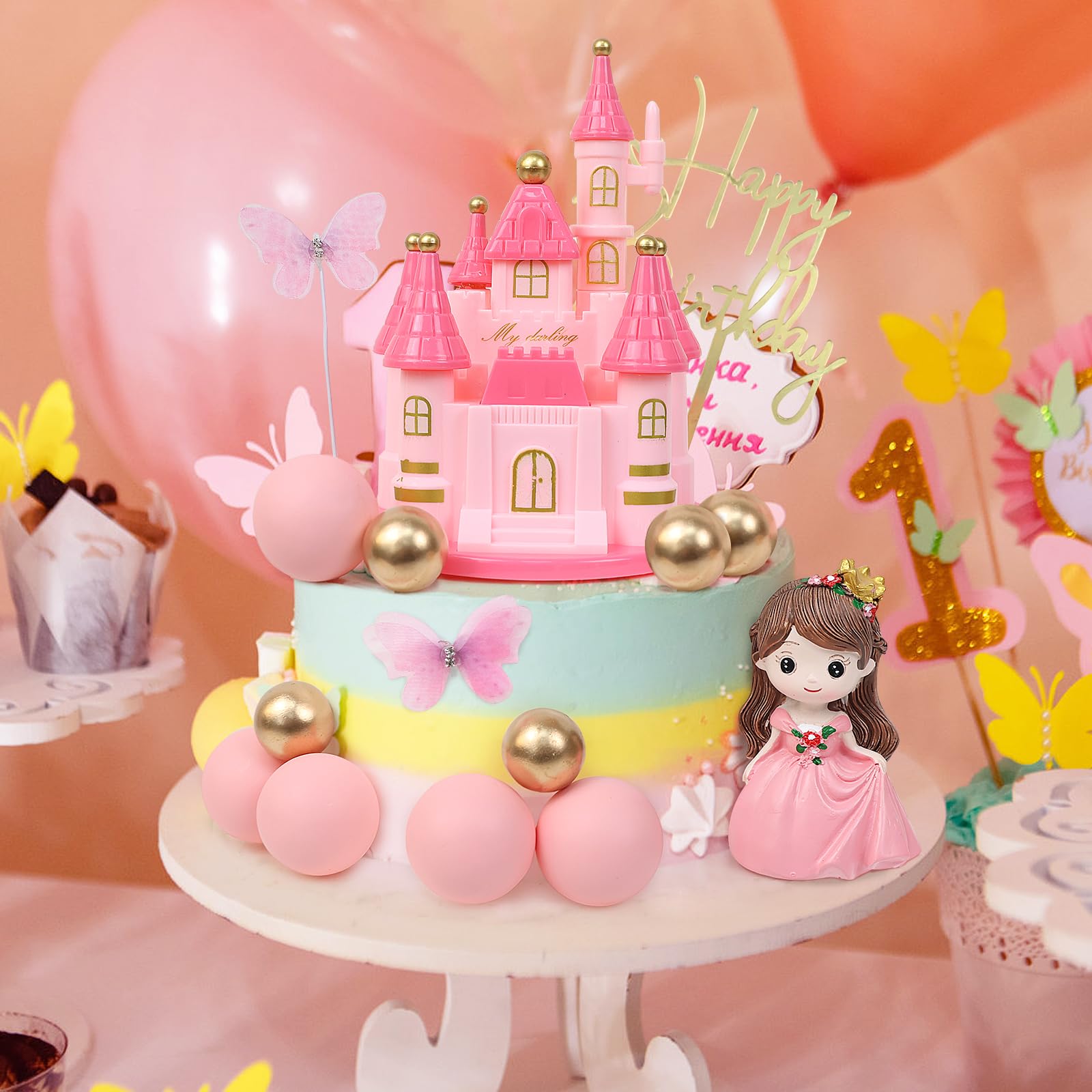 FATCAT Decorazione Torta Principessa: Ruota Panoramica E Castello Rosa Oro Per Festa Bambina E Bridal Shower - 5